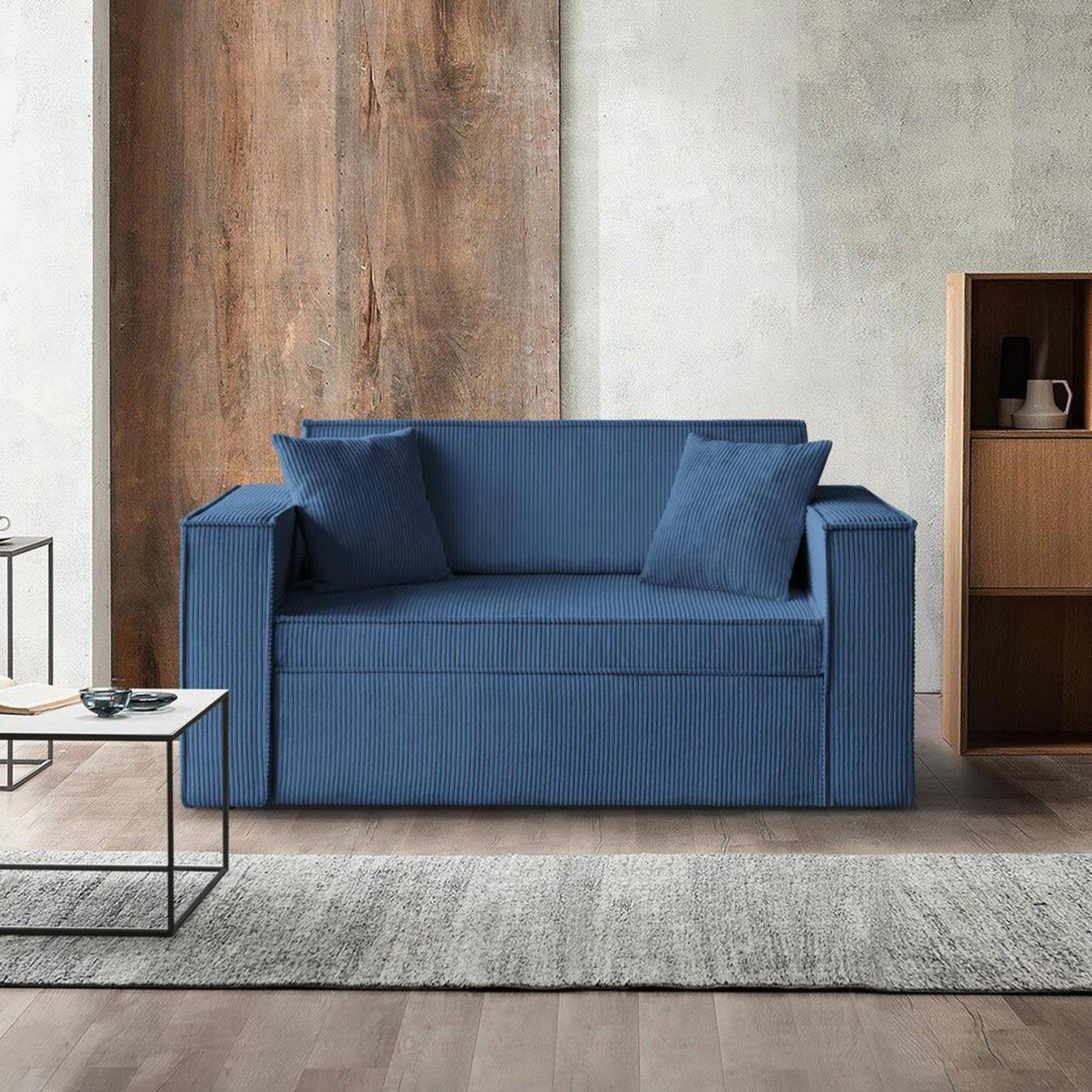 Beautysofa Schlafsofa Dave II, Liegefläche 188 x 122 cm, Bettkasten, Loungesofa mit Relaxfunktion, 157 cm Doppelsofa für Wohnzimmer, modernes Sofa aus Cordstoff Blau (poso 05)