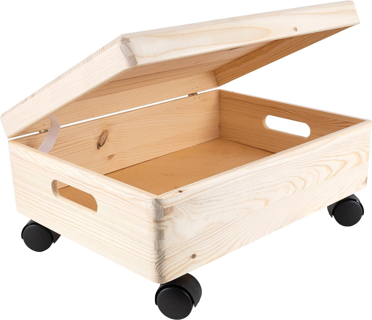 Creative Deco Holzkiste mit Deckel und Rollen Natur