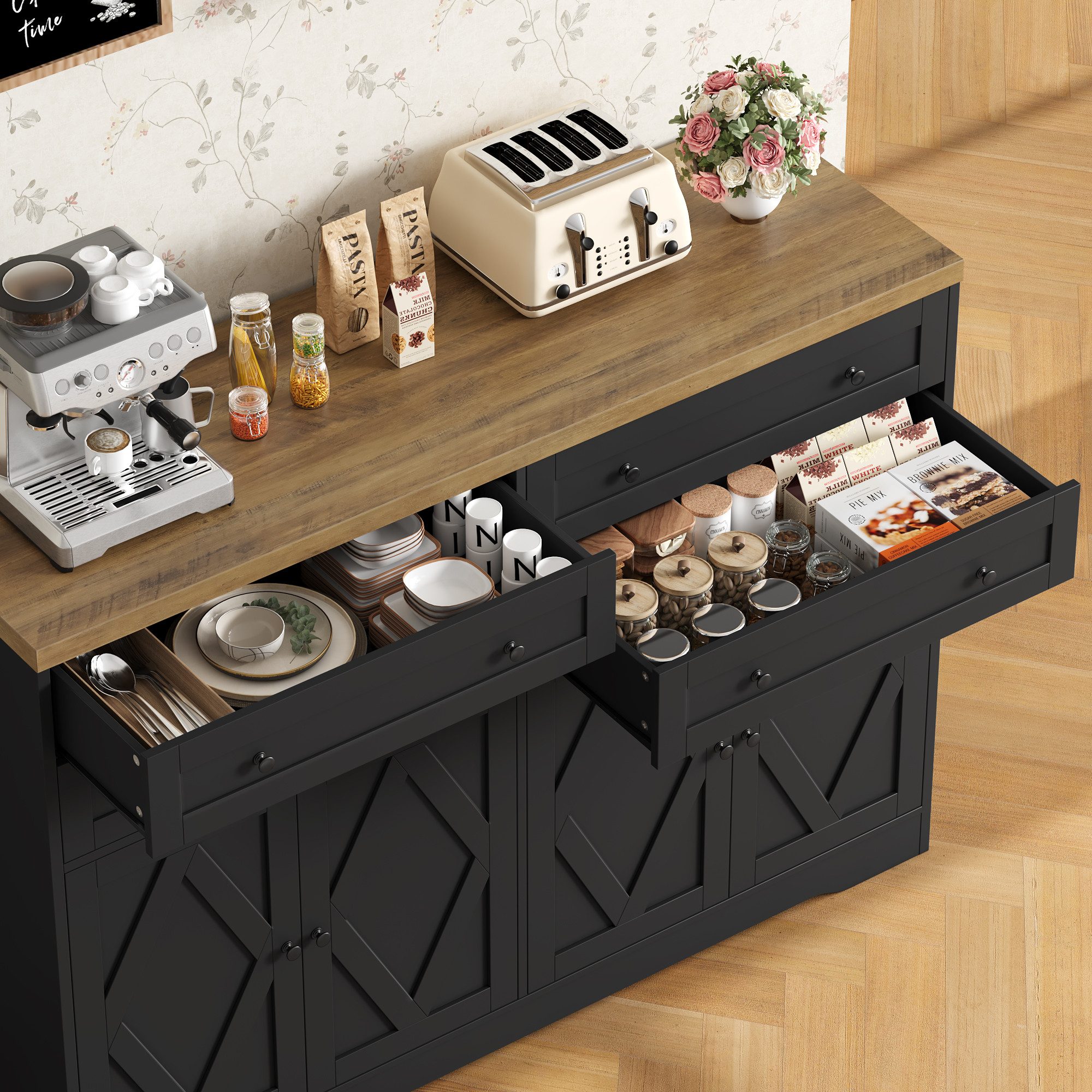 HOMECHO Sideboard, 132,7 cm Breit Küchenschrank mit 4 Schubladen 4 Türen