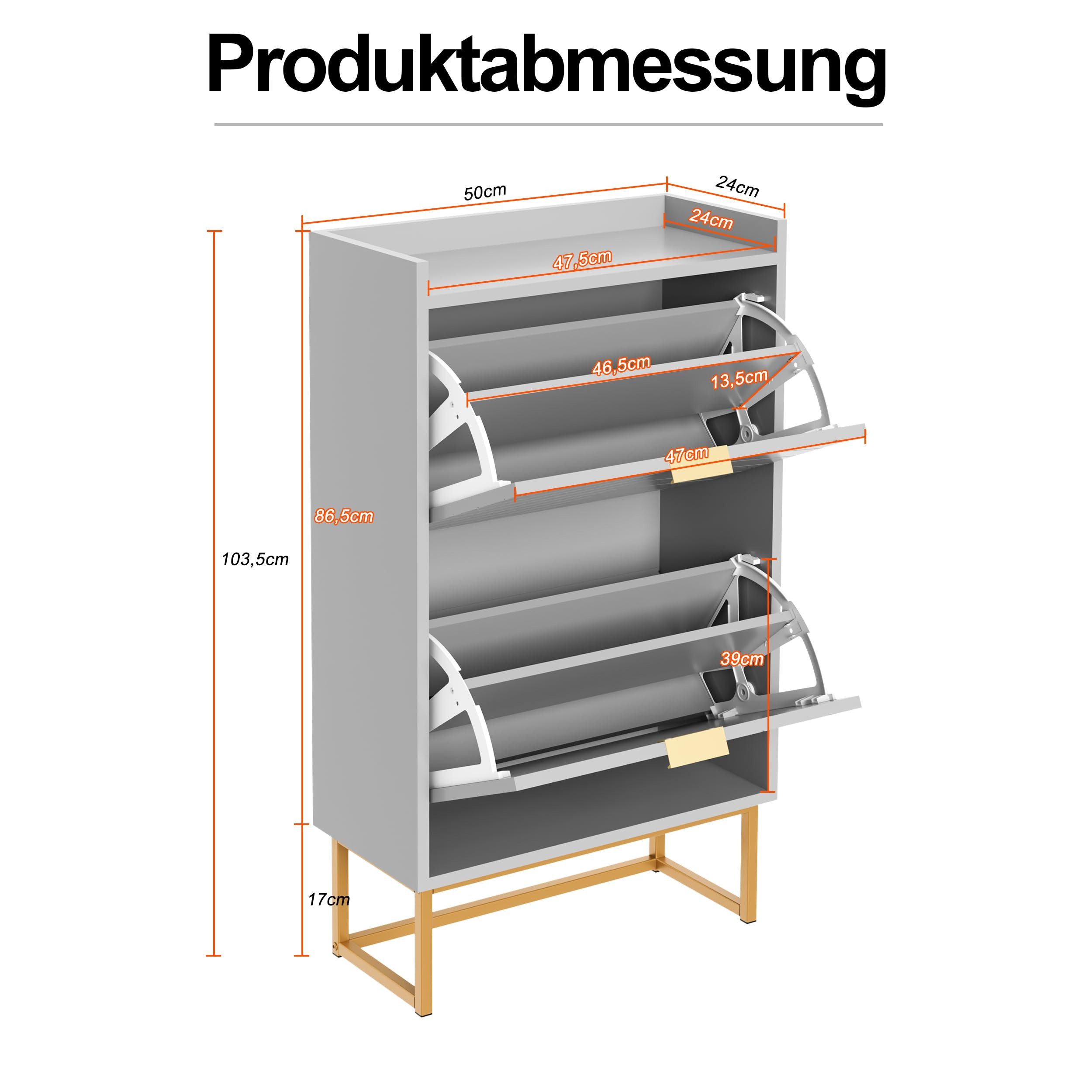 UEV Schuhschrank mit 2 Klappen, Schuhkipper Schmal, Schuhregal mit Metallfüße (50 x 24 x 103,5cm Modern Schuhaufbewahrung mit Oberplatte, Schuhkommode,Anti-Kipp-Vorrichtung für Eingangsbereich) trennwände verstellbar und abnehmbar für verschiedene Schuhtypen