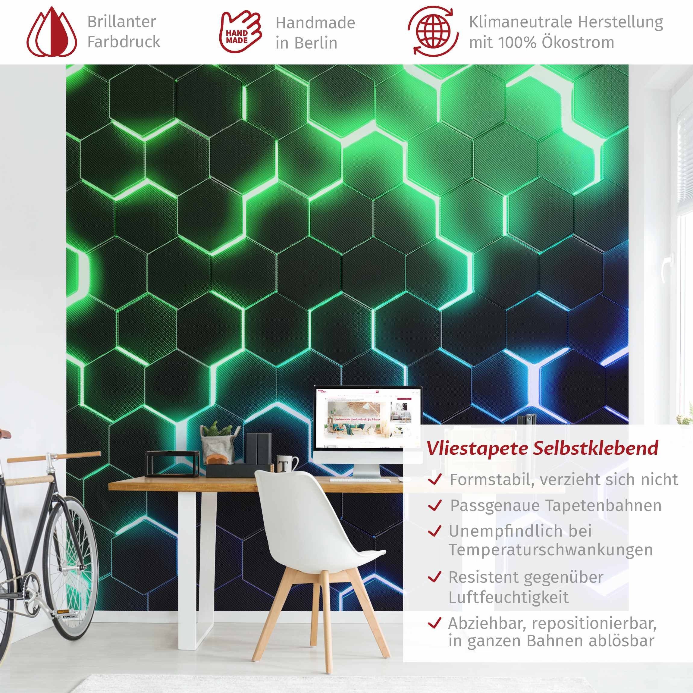 Bilderdepot24 Mustertapete Hexagone Neonlicht Grün 3D-Optik günstig online kaufen