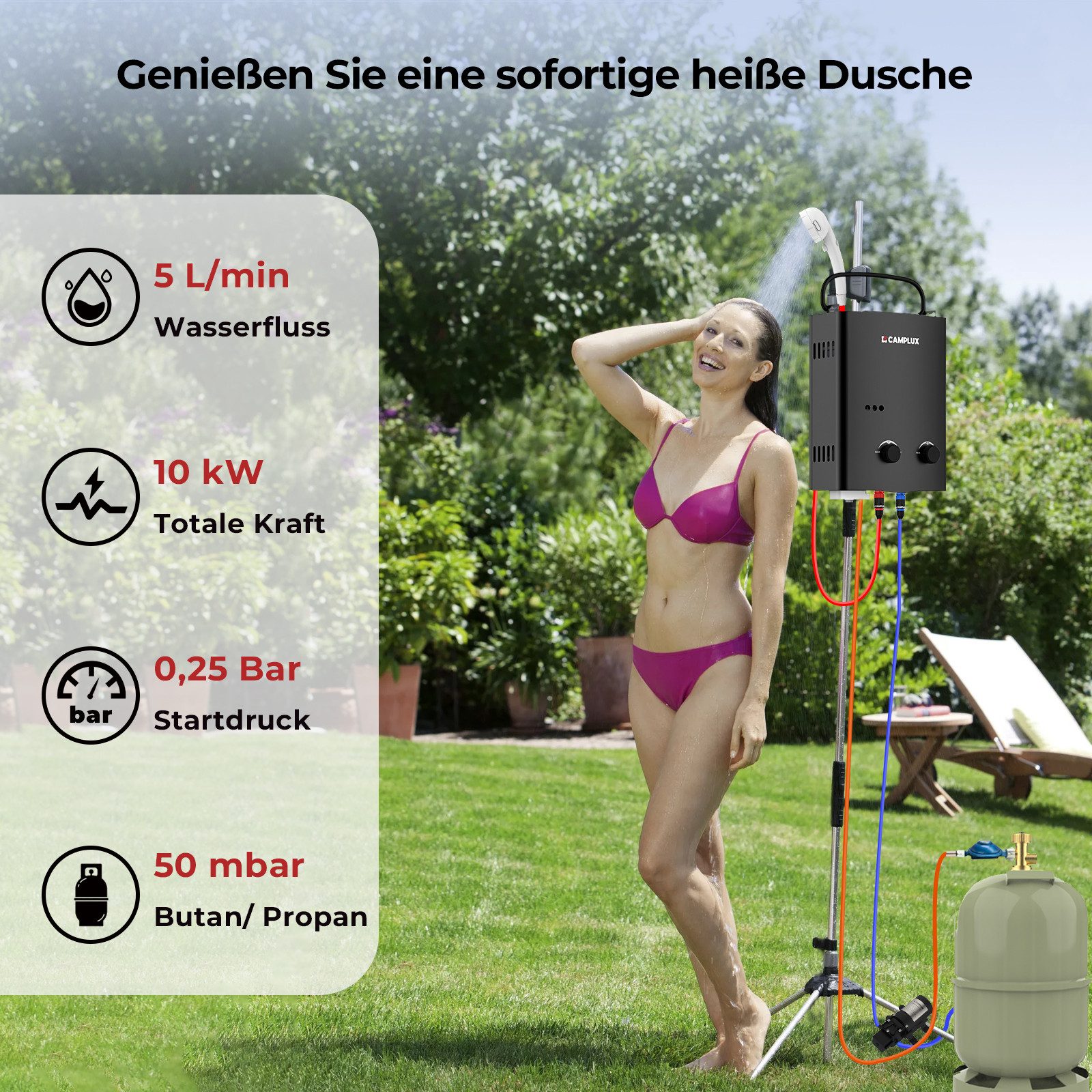 CAMPLUX Durchlauferhitzer 5L Campingdusche AY132BP43-DE Wasserboiler, mit 4,3L Wasserpumpe, min. 10 °C, max. 65 °C, LPG Propan 10 kW Durchlauferhitzer mit 12V Wasserpumpe kit