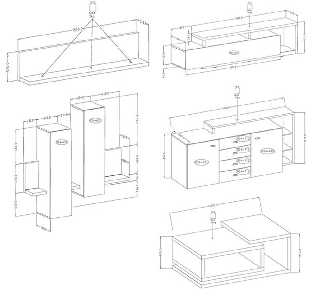 (Set, - 1 Couchtisch Bota, Wohnzimmer-Set - 1 1 1 1 Helvetia Sideboard) Lowboard - - Hängeschrank Wandregal