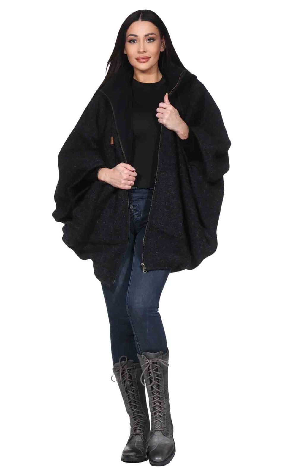KUNST UND MAGIE Strickcape Damen Strickponcho Cape Mantel Wolle mit Zipfelkapuze & Fleecefutter