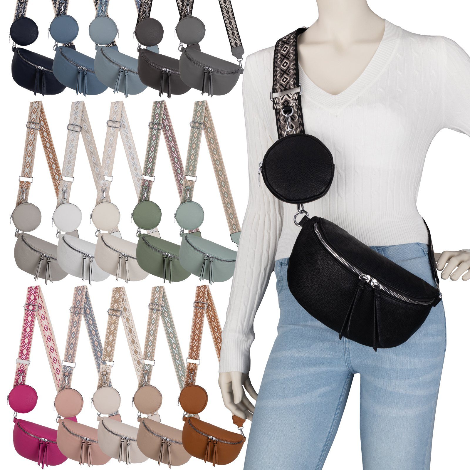 EAAKIE Gürteltasche Bauchtasche Umhängetasche Crossbody-Bag Kunstleder Italy-Design, als Schultertasche, CrossOver, Umhängetasche tragbar