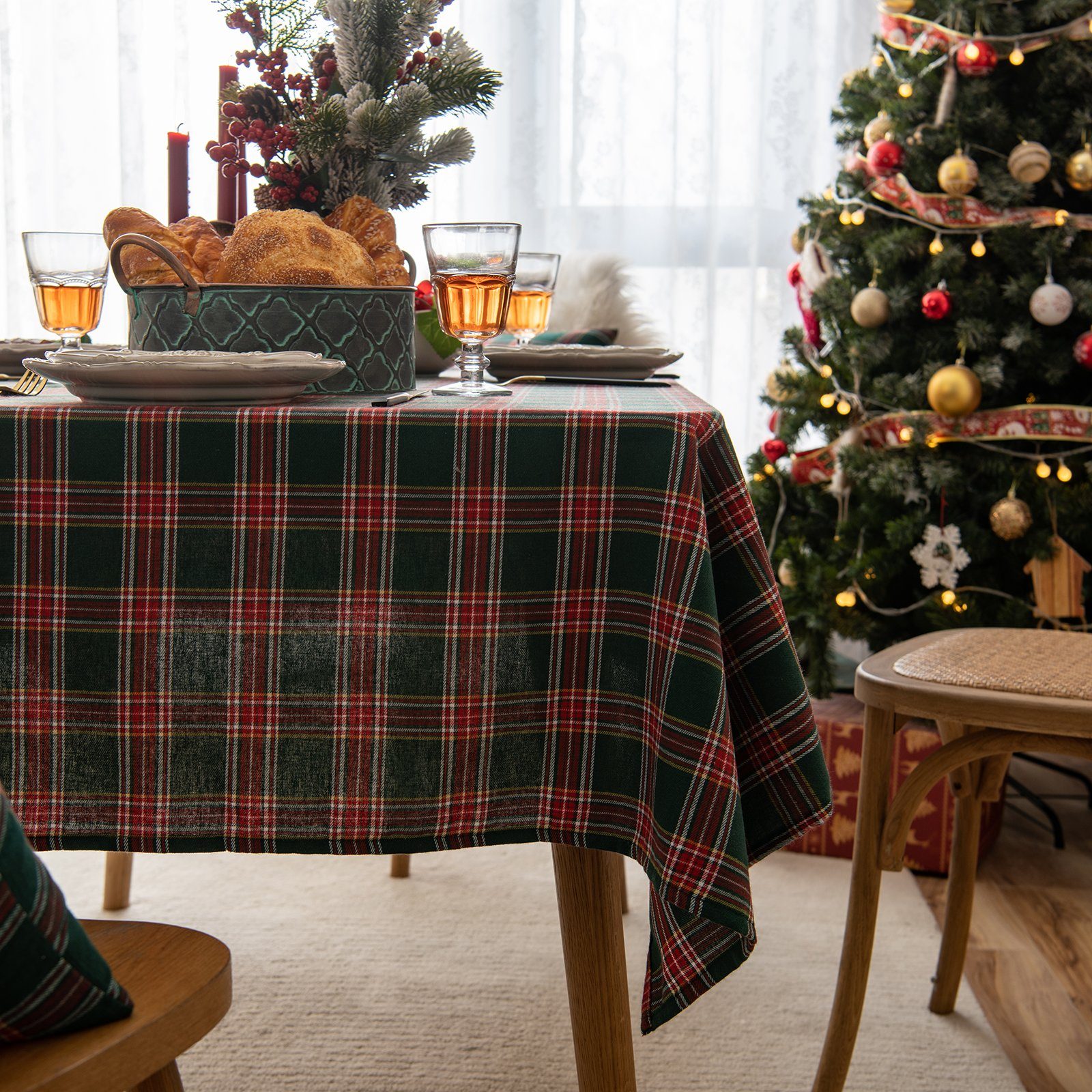 Qelus Tischläufer Tischdecke Karierte Rot&Grün Partydekoration Weihnachten Tischdecke