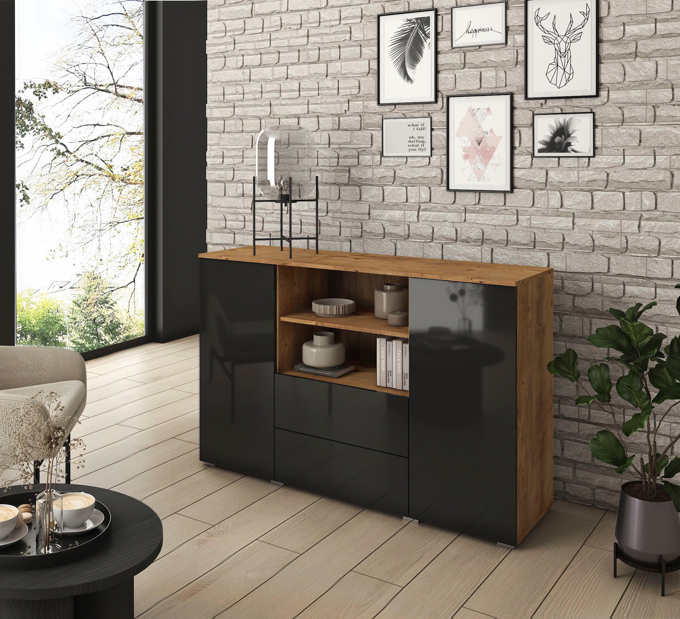 INOSIGN Sideboard Paris, Breite 140 cm kastanienfarben/schwarz Hochglanz | kastanien Breslau