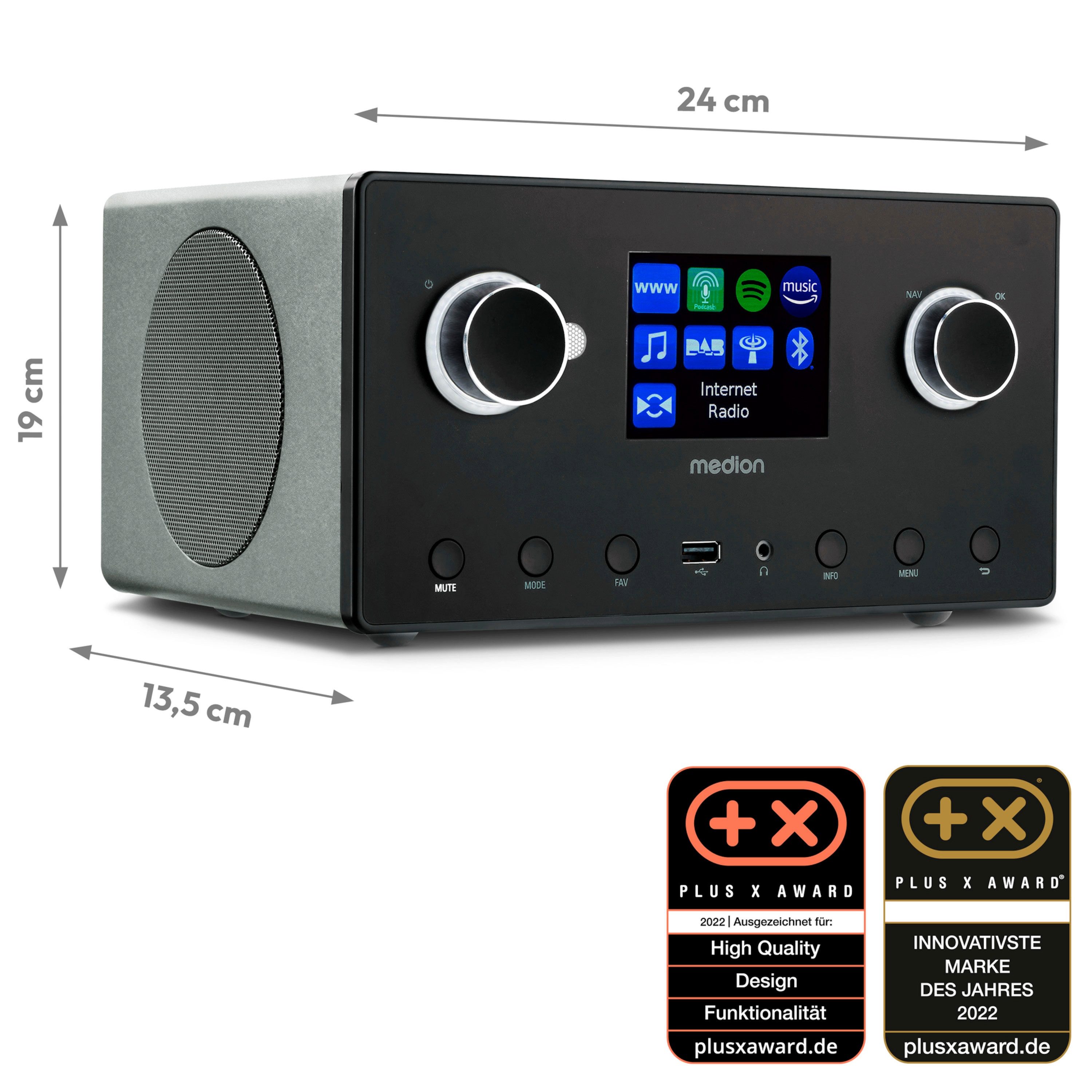 Medion® Internetradio MEDION® LIFE® P85444 (MD89295) Radio (AM/FM, Amazon Music, MW/UKW, Spotify, WiFi, DAB+, 30 W, DAB+ UKW Radio, WLAN, Bluetooth, 8,1 cm (3,2) TFT-Farbdisplay)