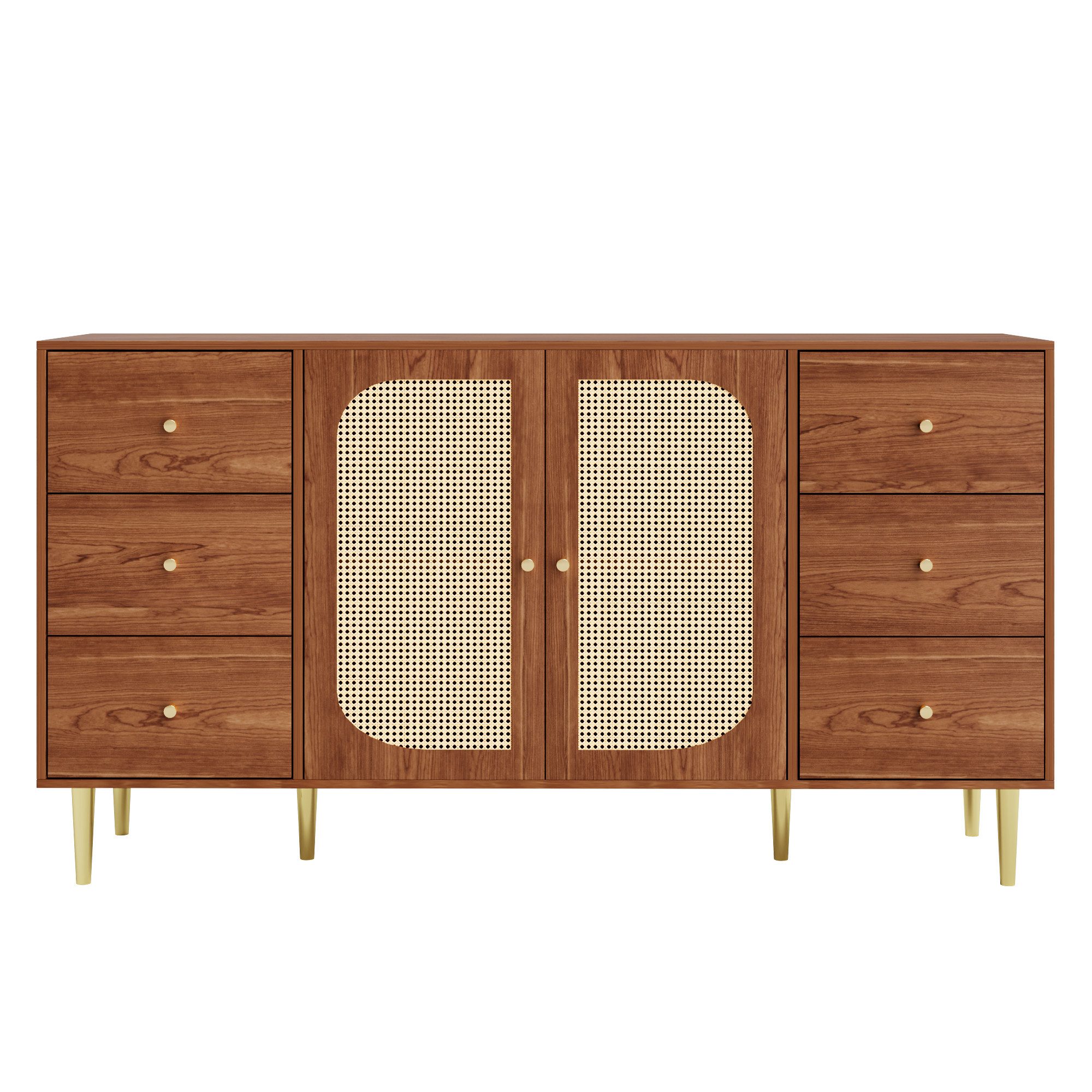 Flieks Kommode (1 St., 160x40x90 cm), Sideboard mit 2 Rattantür und 6 Schublade Wohnzimmer Walnussfarbe