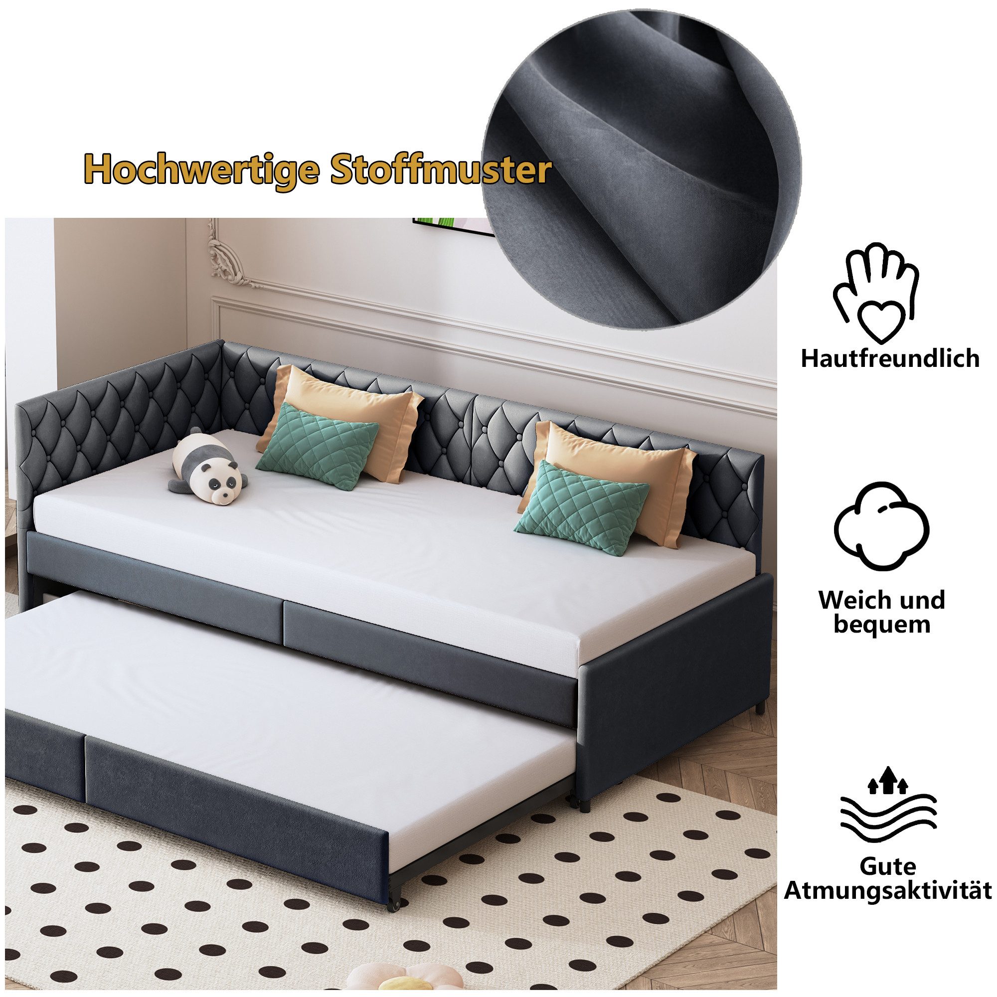 Simurq Daybett Schlafsofa 90/180x200cm, Ausziehbett, Mit Unterbett, Tagesbett, Mit Lattenrost, Samt, Gästebett, Platzsparend