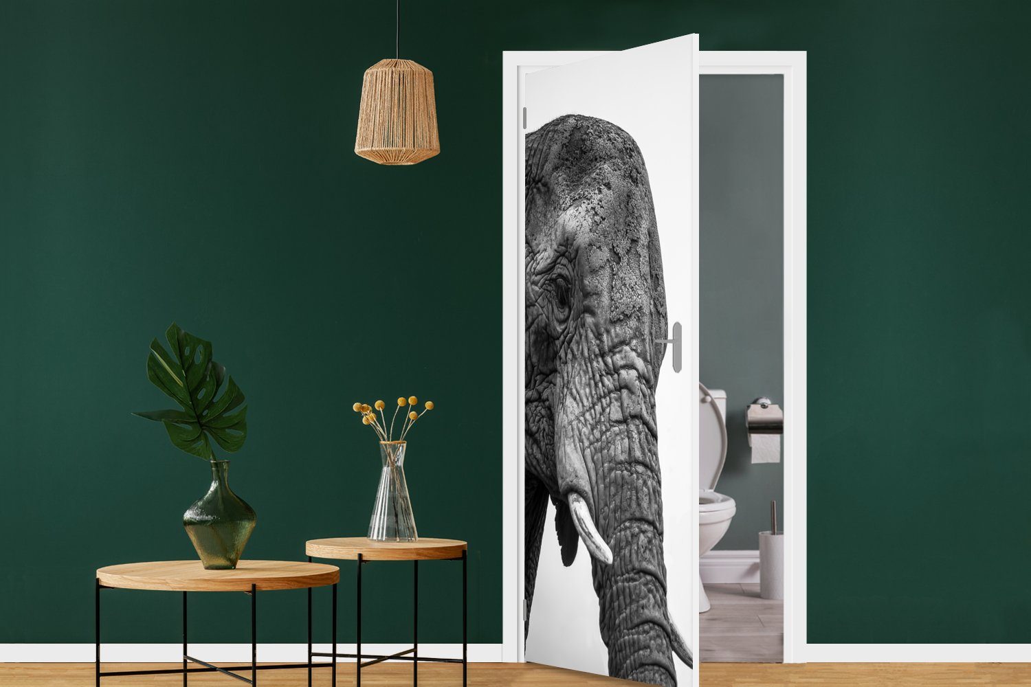 MuchoWow Türtapete Neugierige Elefanten Schwarz bedruckt, St), (1 Weiß, und 75x205 Fototapete für Türaufkleber, Tür, in Matt, cm
