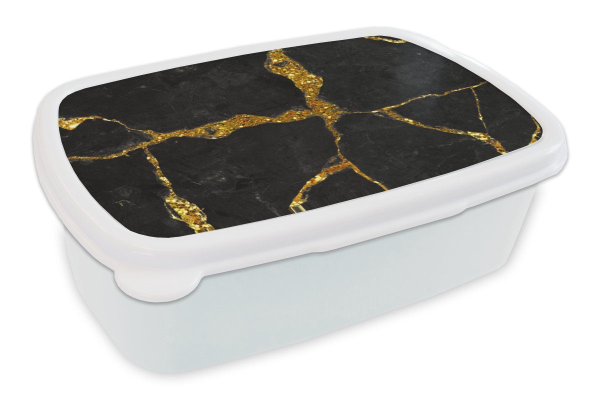 MuchoWow Lunchbox Marmor - Gold - Schwarz - Marmoroptik - Glitter, Kunststoff, (2-tlg), Brotbox für Kinder und Erwachsene, Brotdose, für Jungs und Mädchen weiß
