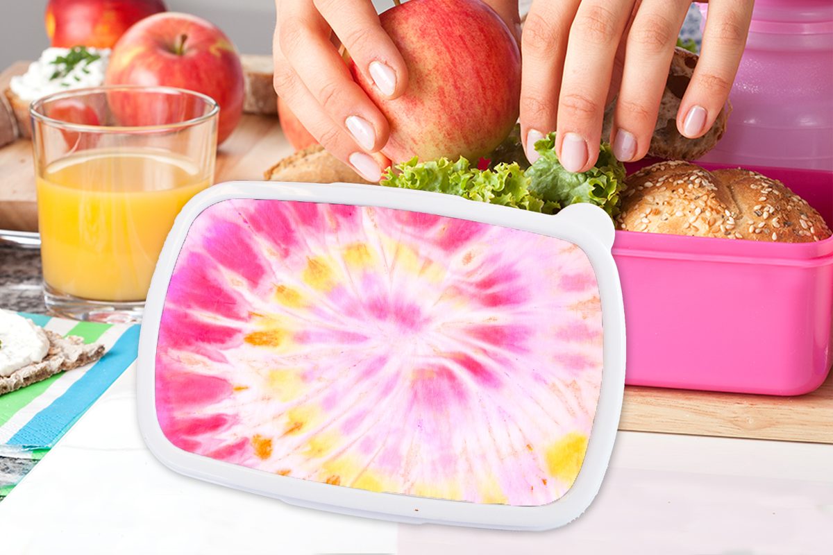 Brotbox Lunchbox Rosa - Brotdose Sommer Kinder, MuchoWow Gelb, (2-tlg), für Erwachsene, Mädchen, Kunststoff Kunststoff, - - Krawattenfärbung Snackbox,