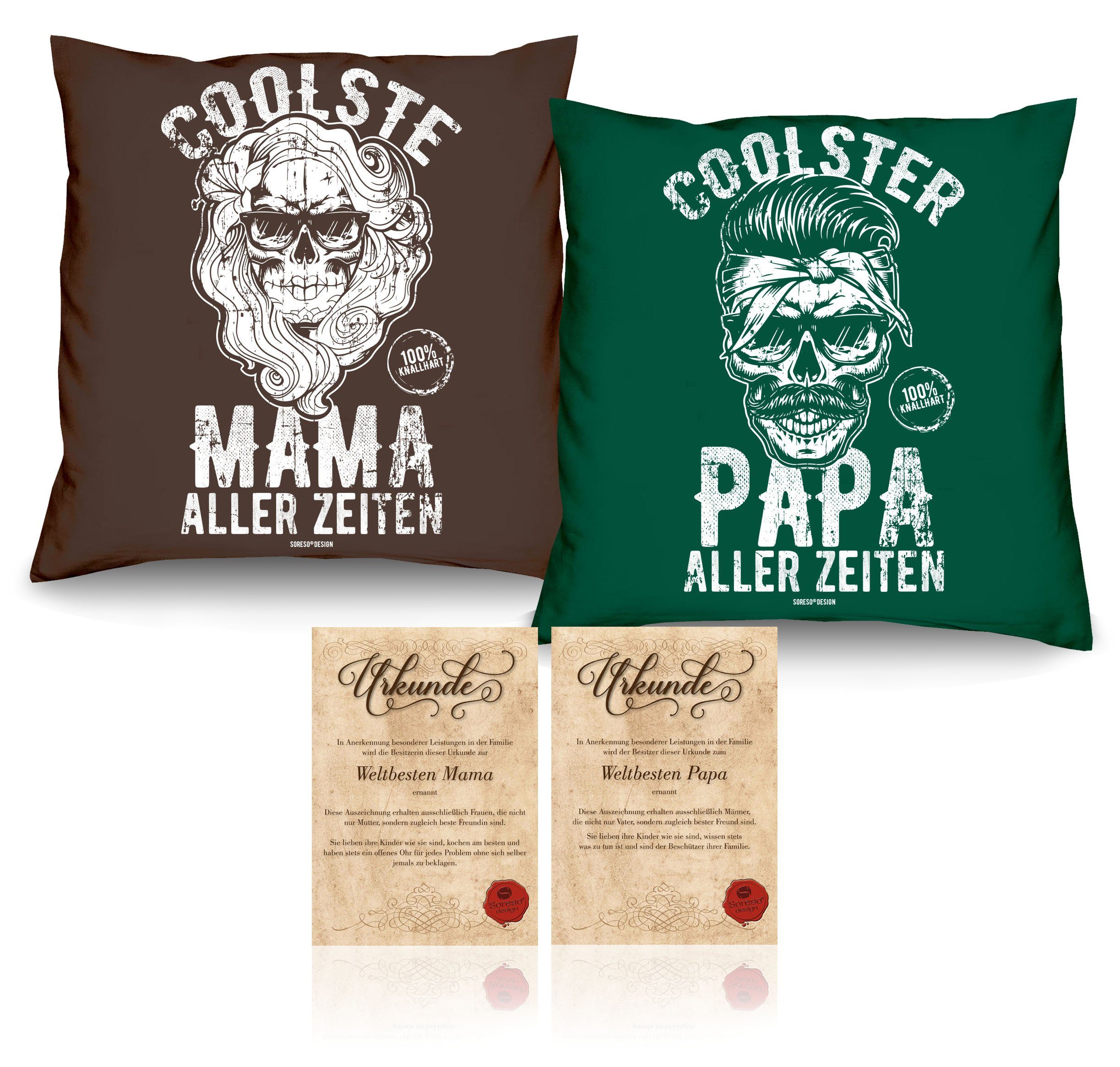 Soreso® Dekokissen Eltern aller Mama mit Coolste Geschenk aller Kissen-Set Zeiten Weihnachten Urkunden, dunkelgrün Zeiten Papa Coolster