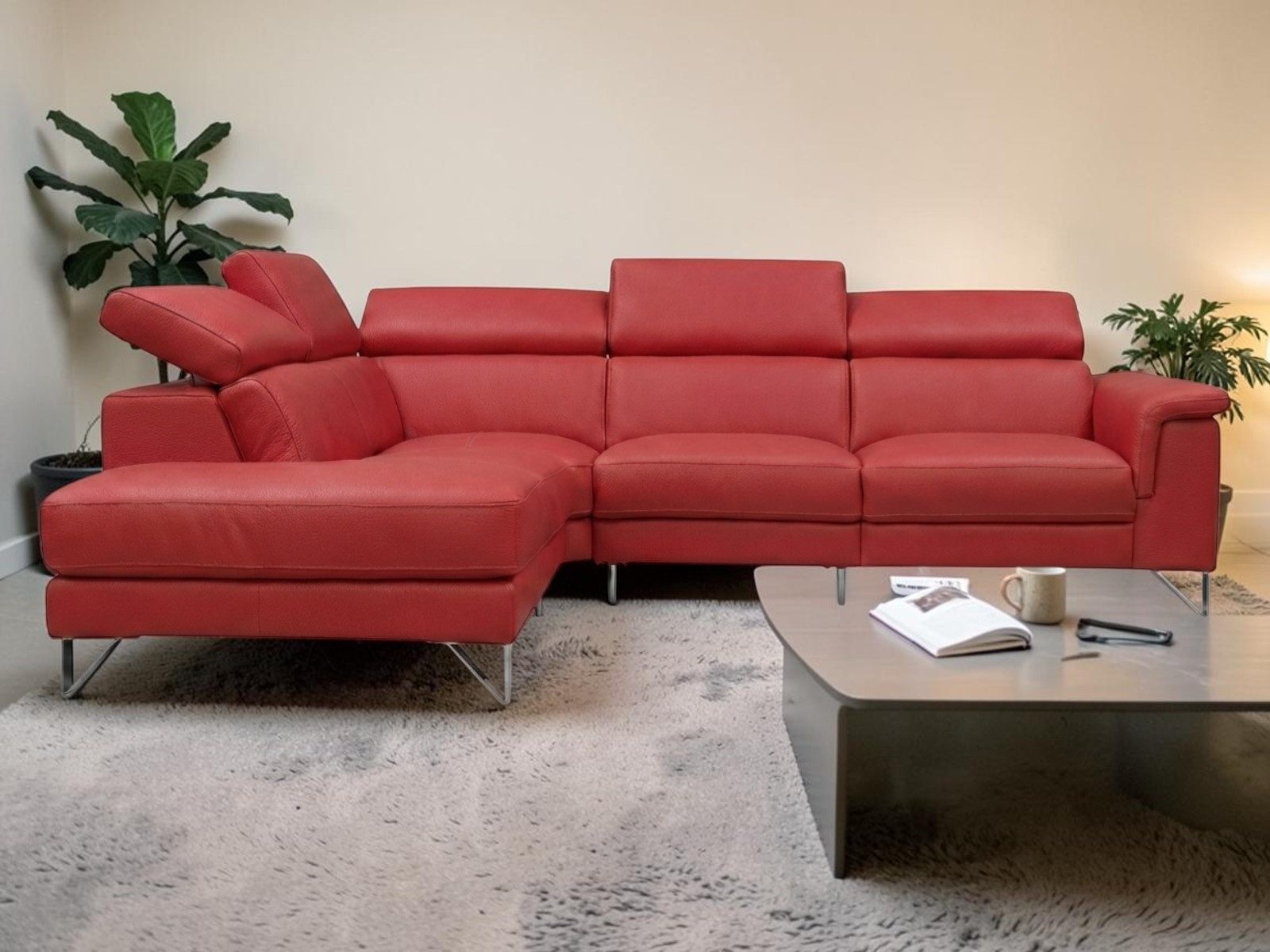 Villa Möbel Ecksofa Antares, L-Form 1 Teile, Echtleder-Ecksofa mit Kopfteilverstellung fürs Wohnzimmer