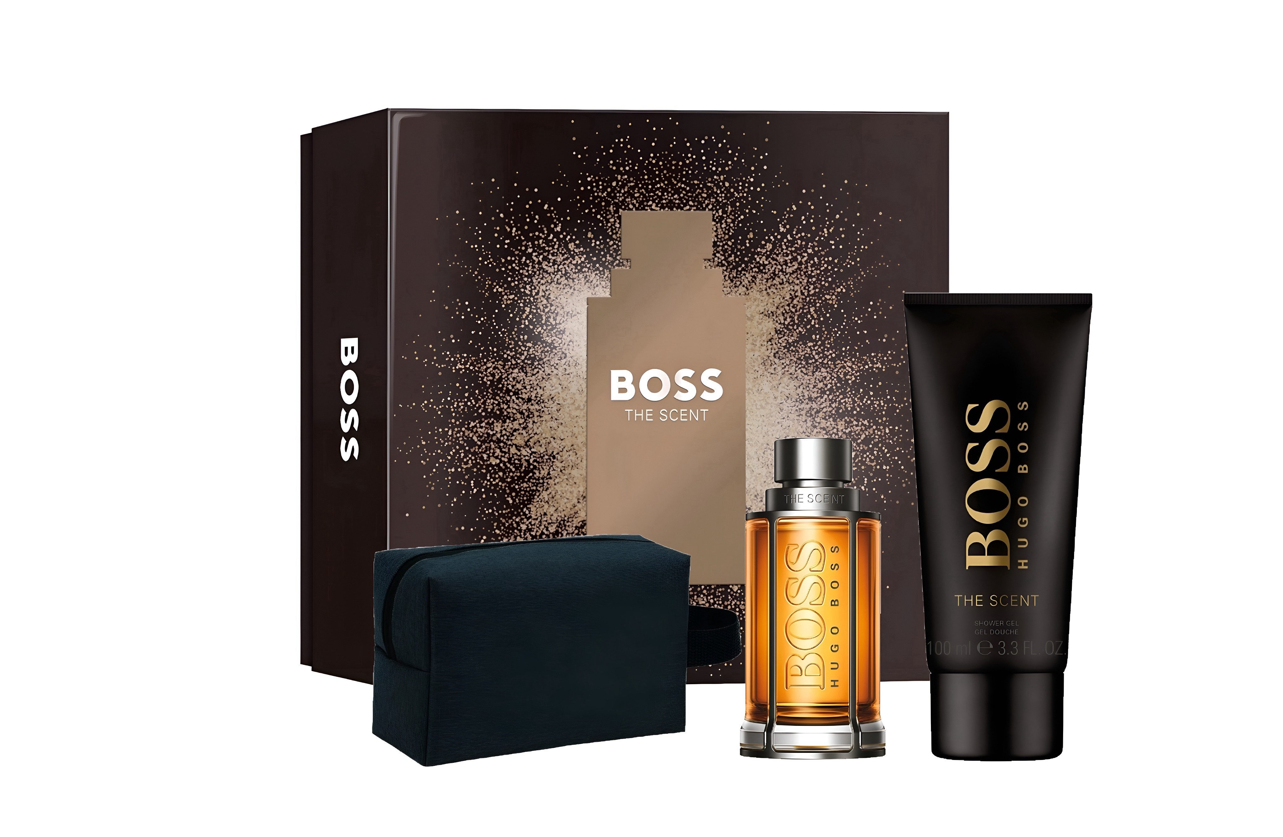 BOSS Duft-Set Hugo BOSS The Scent Geschenkset Parfum Kulturbeutel für Herren, 4-tlg., ideale Geschenk, Herren Parfüm EDT 50ml parfümiertes Duschgel 100 ml