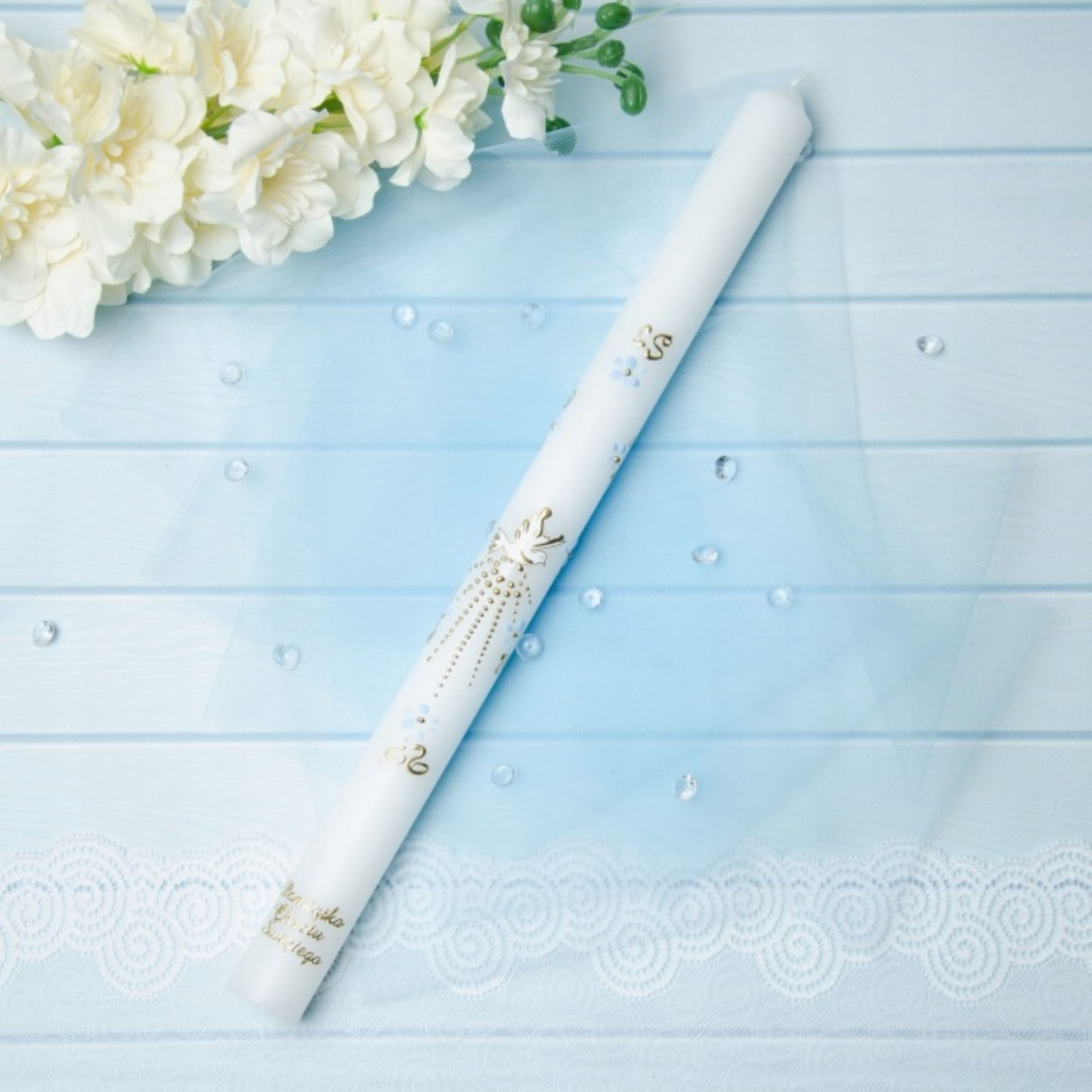 Festivalartikel Kommunionskarte Taufkerze Blau Junge Handarbeit Heilige Taube Gold 40cm