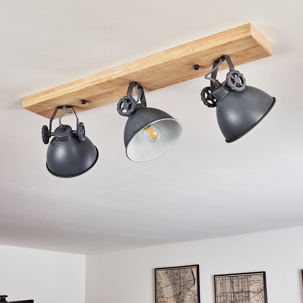 3xE14, mit ohne Retro/Vinatge Blau-Grau/Natur, Leuchtmittel, »Mot« in hofstein Deckenleuchte Metall/Holz Design verstellbaren aus Strahlern, Deckenlampe