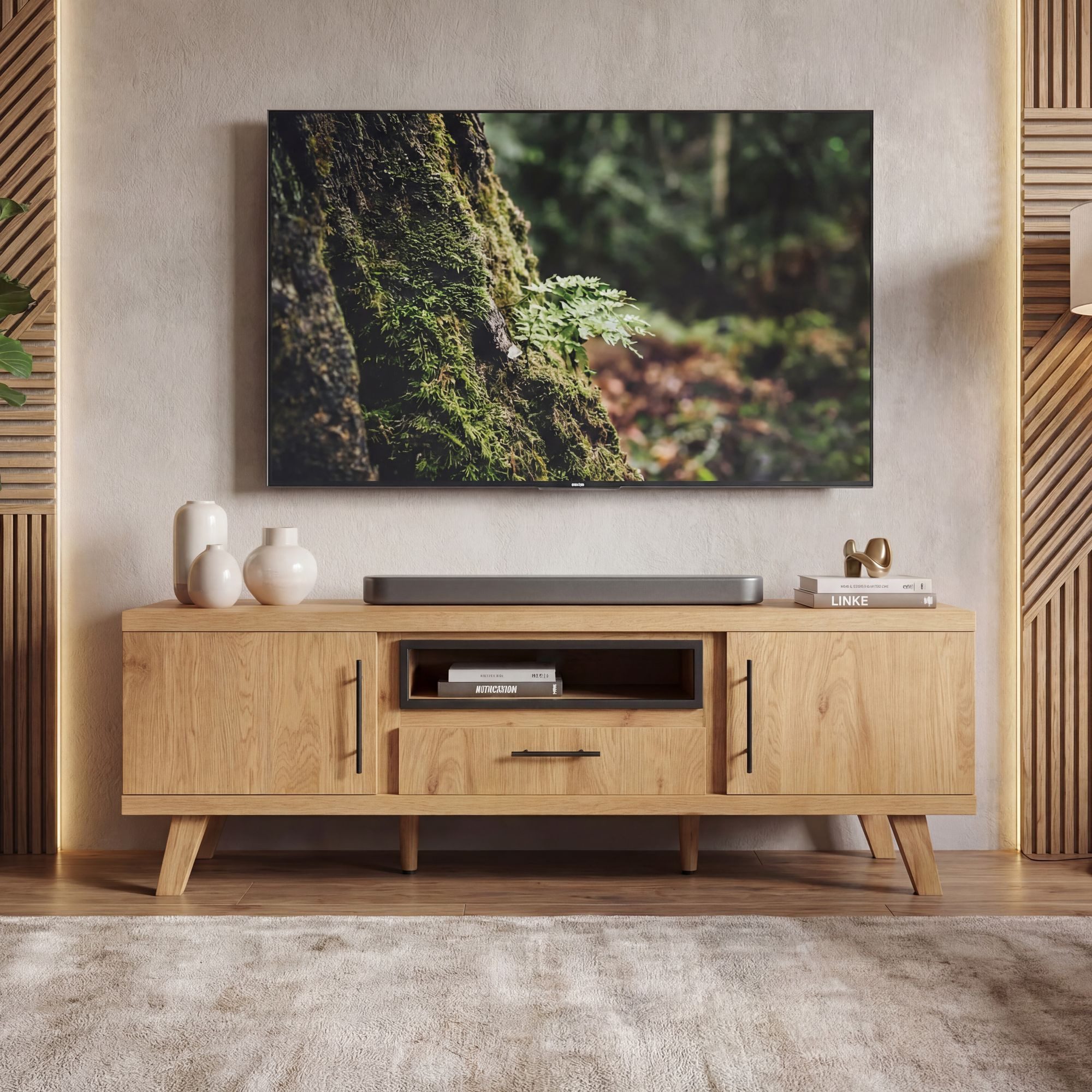 Wohnling Lowboard WL7.647 TV-Board Fernsehschrank Fernsehkommode in Eiche Dekor 150cm (Praktische TV-Anrichte mit Kabeldurchlass), Viel Stauraum dank verschiedenen Fächern