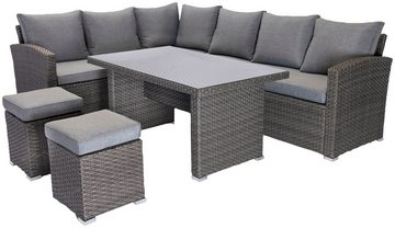 KONIFERA Gartenlounge-Set London, (Set, 17-tlg., 2x3er Sofa, 2x Hocker, 1x Tisch 140x80x66cm, inkl. Auflagen), inkl. Schutzhülle, Aluminium, Polyrattan