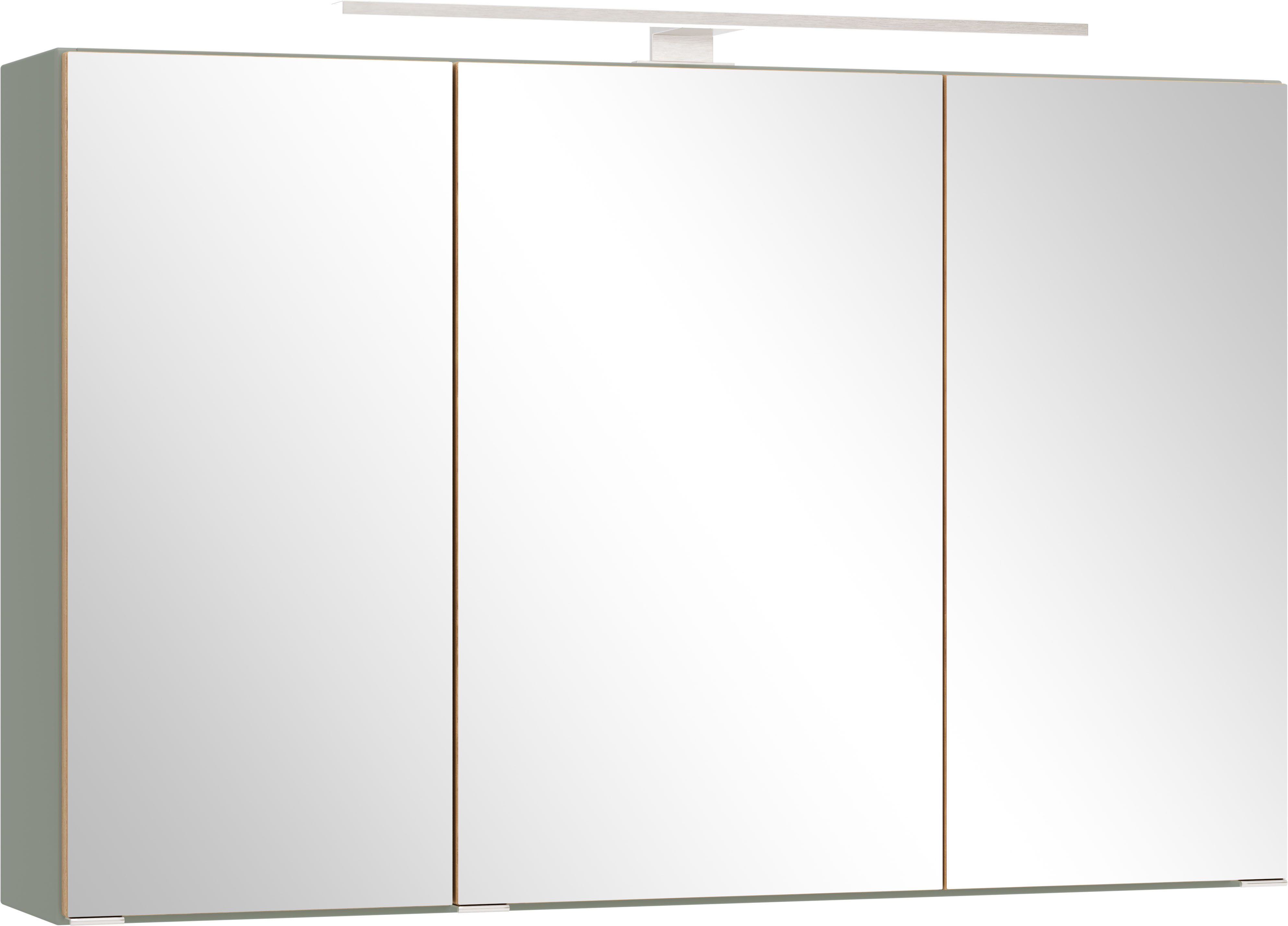 welltime Spiegelschrank TRIENT, 3D-Spiegelschrank 100 cm, gedämpfte Scharniere (Maße (B/H/T): ca. 100/64/20 cm) Schilfgrün/Wildeiche, gedämpfte Scharniere