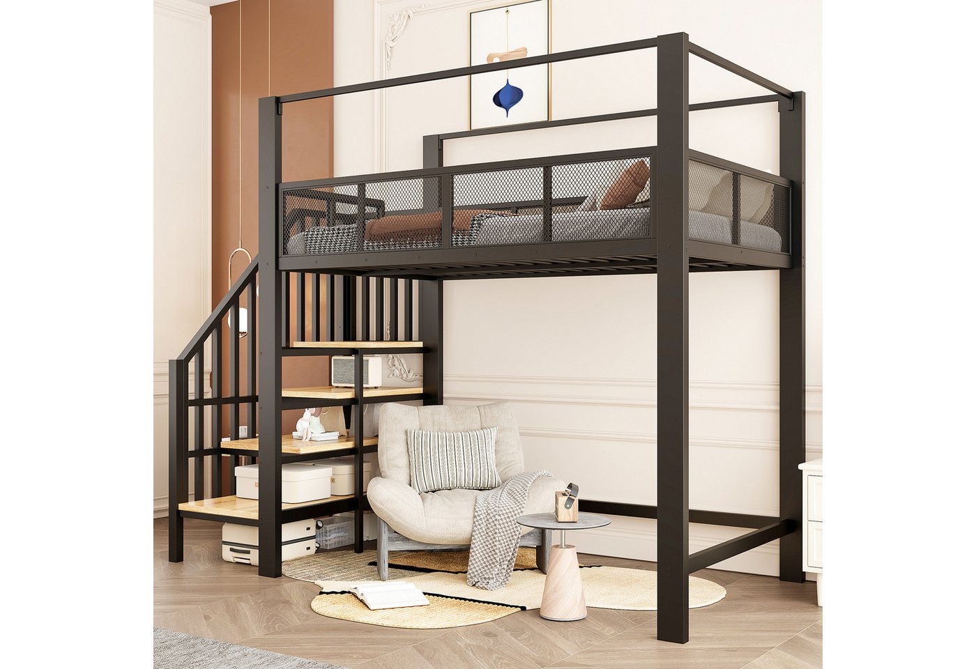 Celya Hochbett Metall Einzel-Hochbett mit Sicherheitsgitter im Netzdesign (ohne Matratze, mit Stauraumstufen fürs Schlafzimmer)