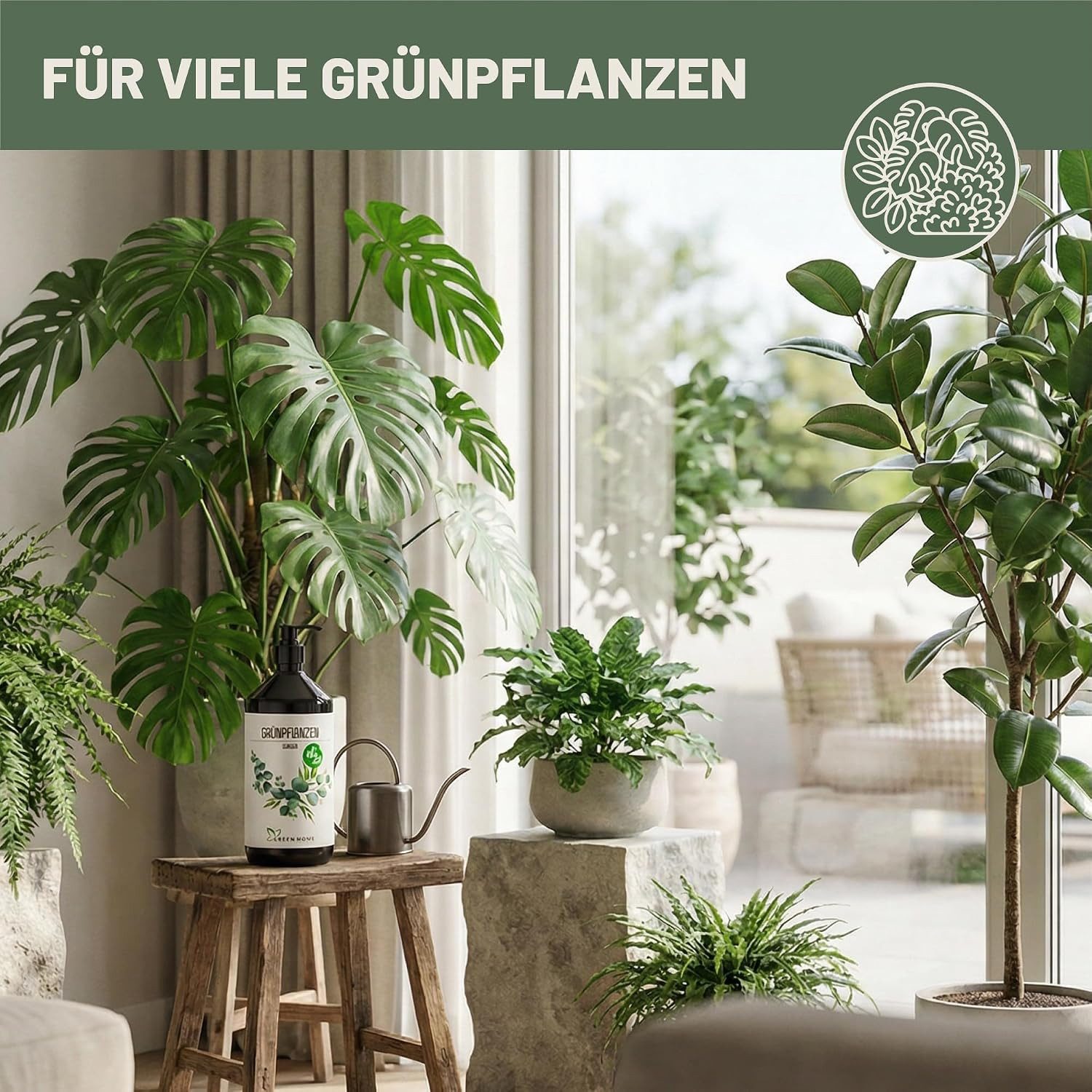 GREEN HOME LOVE NATURE Universaldünger Flüssigdünger NPK 7+3+5 für Grün-, Zimmer- & Kübelpflanzen, Grünpflanzen Universell, NPK 7+3+5, Spurennährstoffe, chelatiert, Dosierpumpe