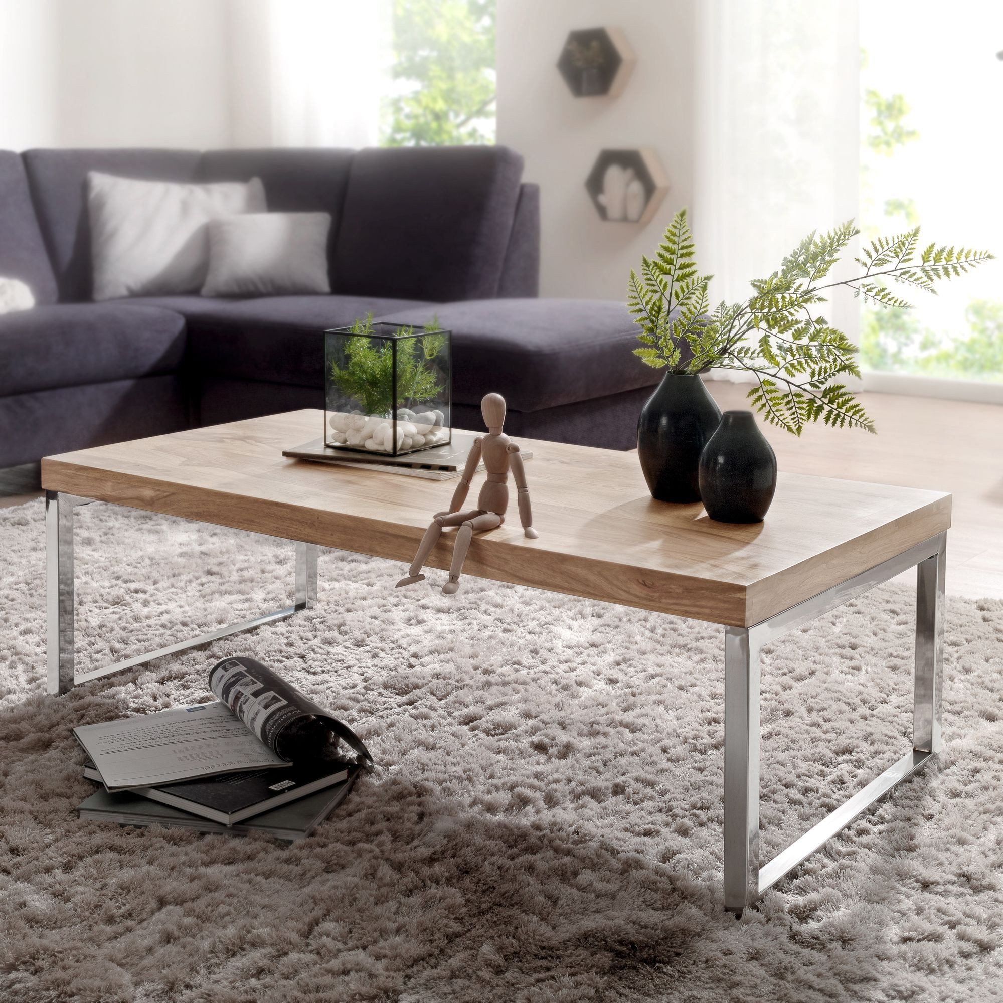 FINEBUY Couchtisch Couchtisch Massivholz 120cm Rechteckiger Wohnzimmertisch günstig online kaufen