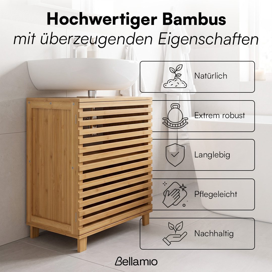 Bellamio Waschbeckenunterschrank Newa, Badezimmerschrank mit zwei Ablagefächern (mit Flügeltüren, 1-St) aus natürlichem Bambus, robst und langlebig – Bild 2 von 5