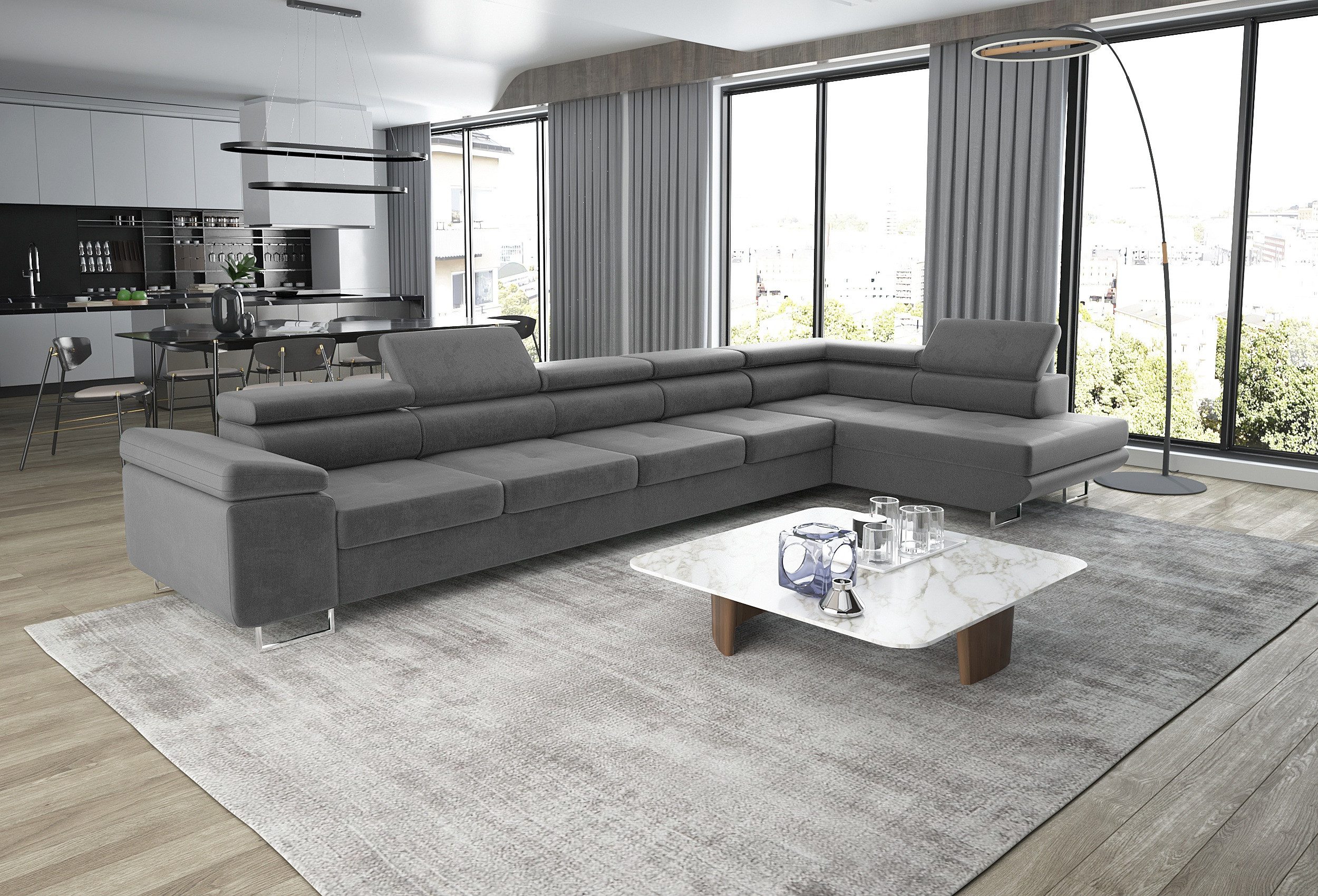 thematys Ecksofa ASTON MAXI 405 x 203cm mit Schlaffunktion & Bettkasten –, L-Sofa mit 5 verstellbaren Kopfstützen, Samt (Monolith), Cord (Poso) - L-Form, XL-Wohnlandschaft, 405 cm breit