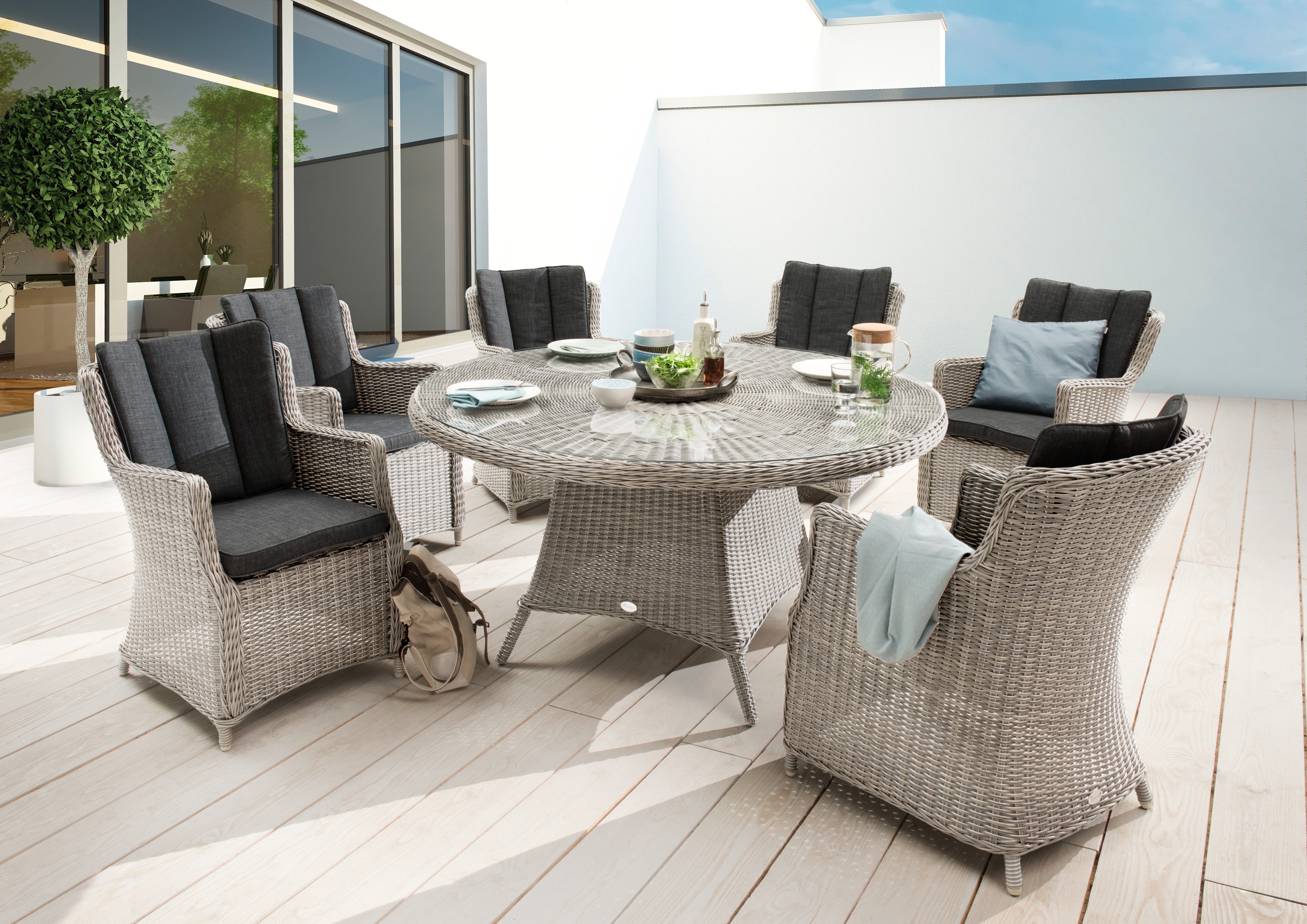 Destiny Garten-Essgruppe LUNA, Esstisch Ø150cm mit 6 Sesseln inkl. Polster, Polyrattan + Aluminium