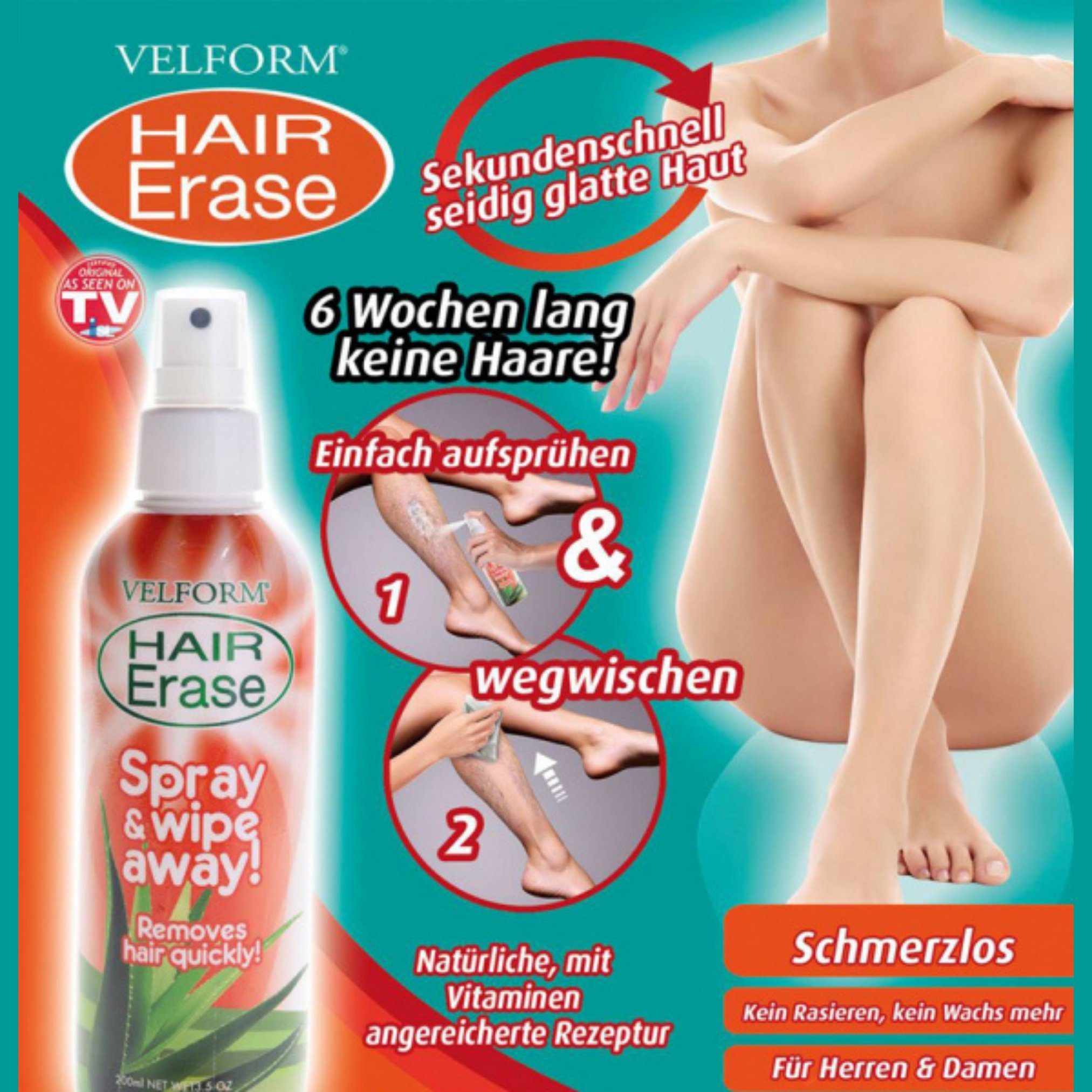 E, Aloe 2 Velform®️ Erase St., Orangenextrakt und Enthaarungsspray, Velform® Hair Vera mit Vitamin Zitrusfrüchten, Enthaarungscreme