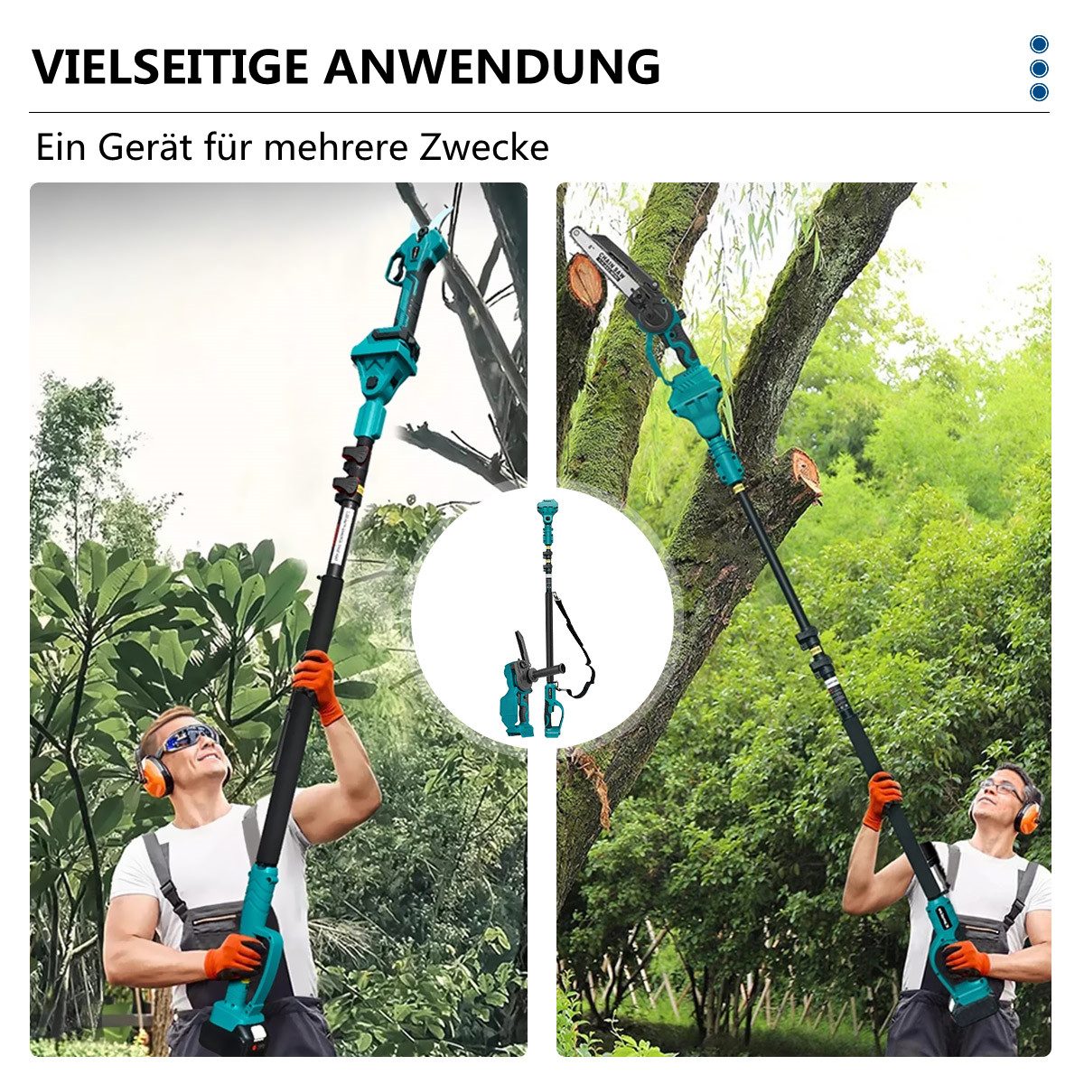 Insma Akku-Kettensäge, 20 cm Schwertlänge, Set, Kettensäge, Bürstenlos Schere, Automatische Ölung, mit 130-248cm Teleskopstange