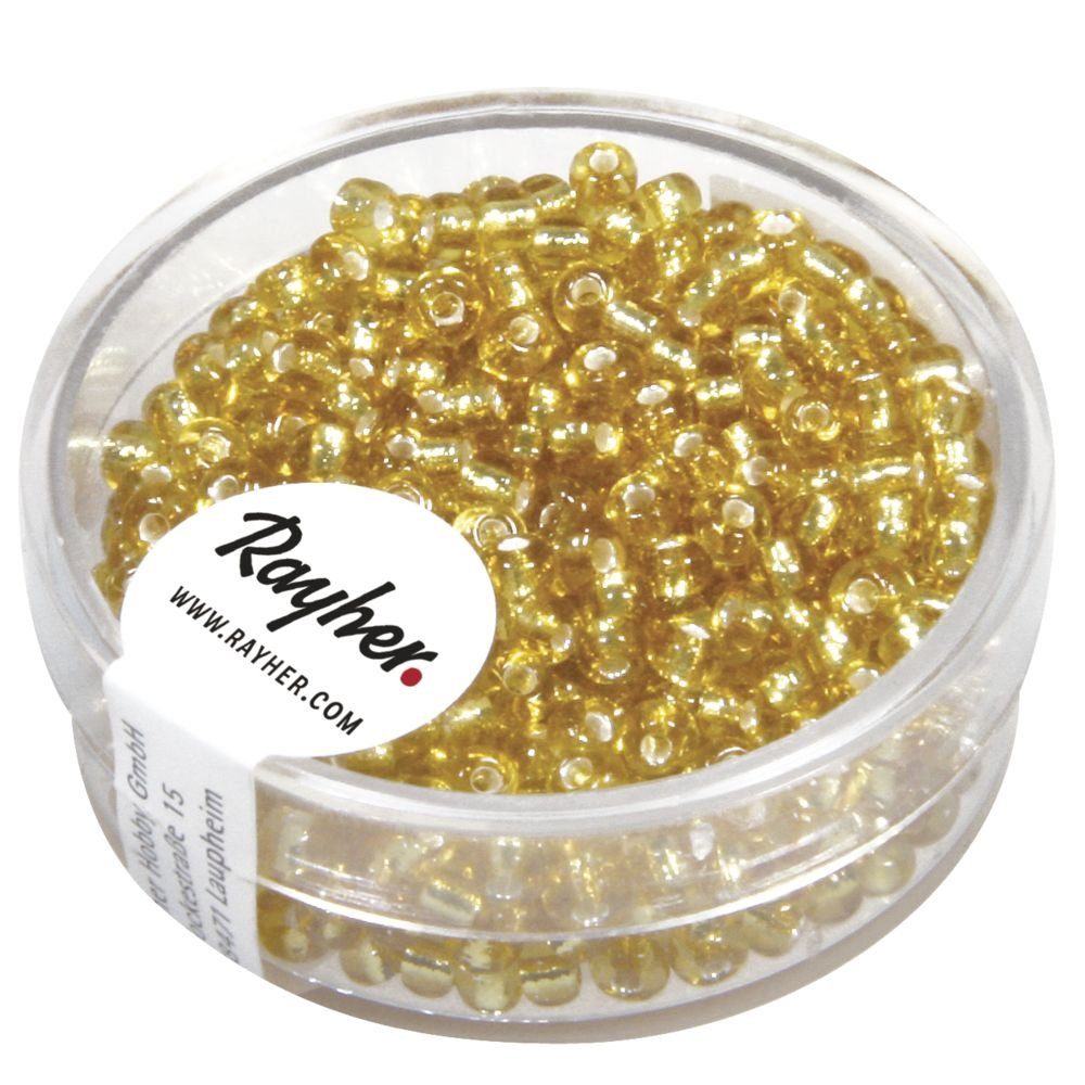 Rayher Bastelperlen Rocailles, 2,6 mm ø, mit Silbereinzug, gold, Dose 16g