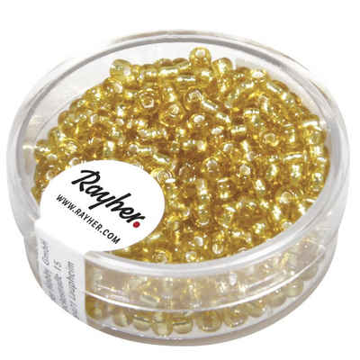 Rayher Bastelperlen Rocailles, 2,6 mm ø, mit Silbereinzug, gold, Dose 16g