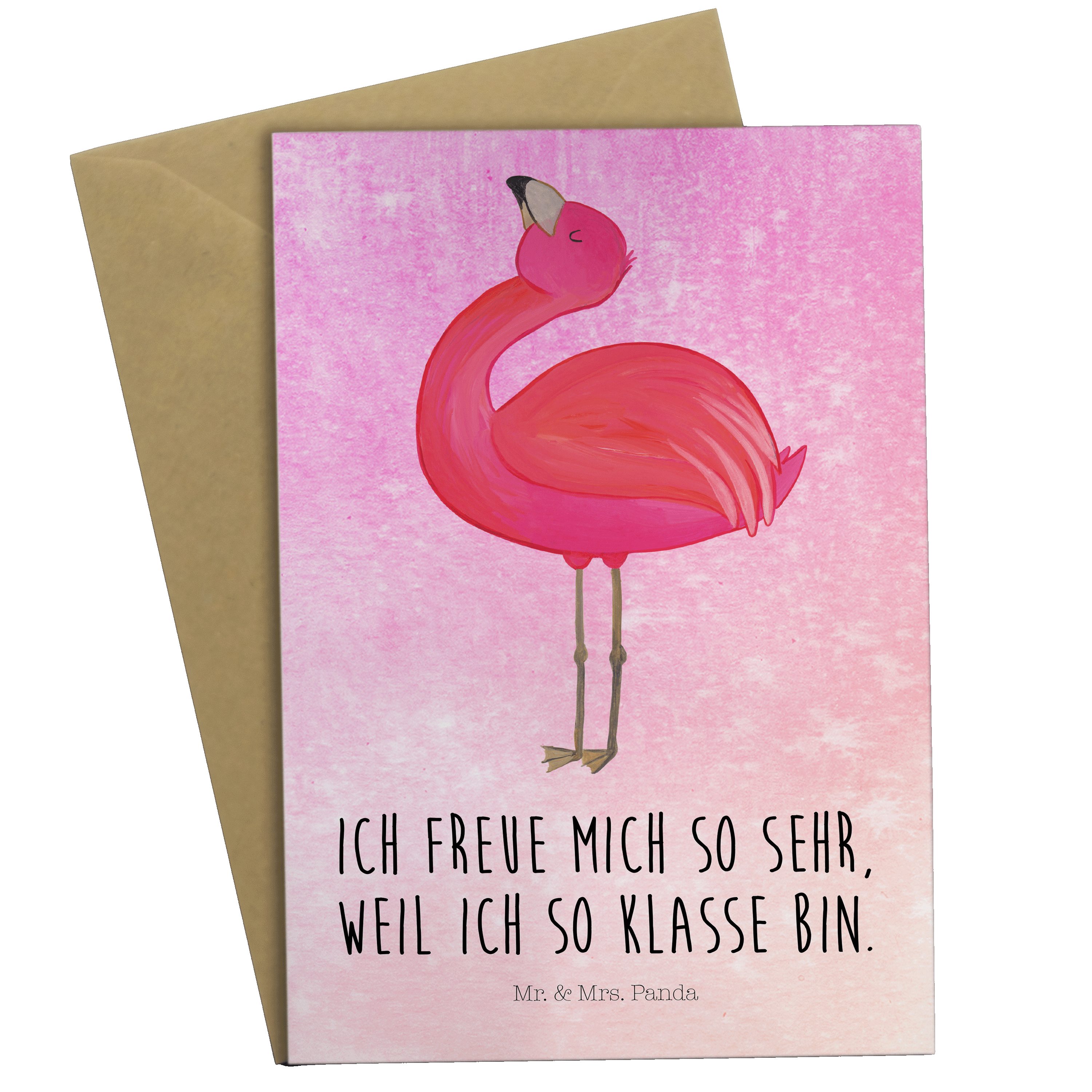 Mr. & Mrs. Panda Grußkarte Flamingo stolz - Aquarell Pink - Geschenk, Geburtstagskarte, Glückwun