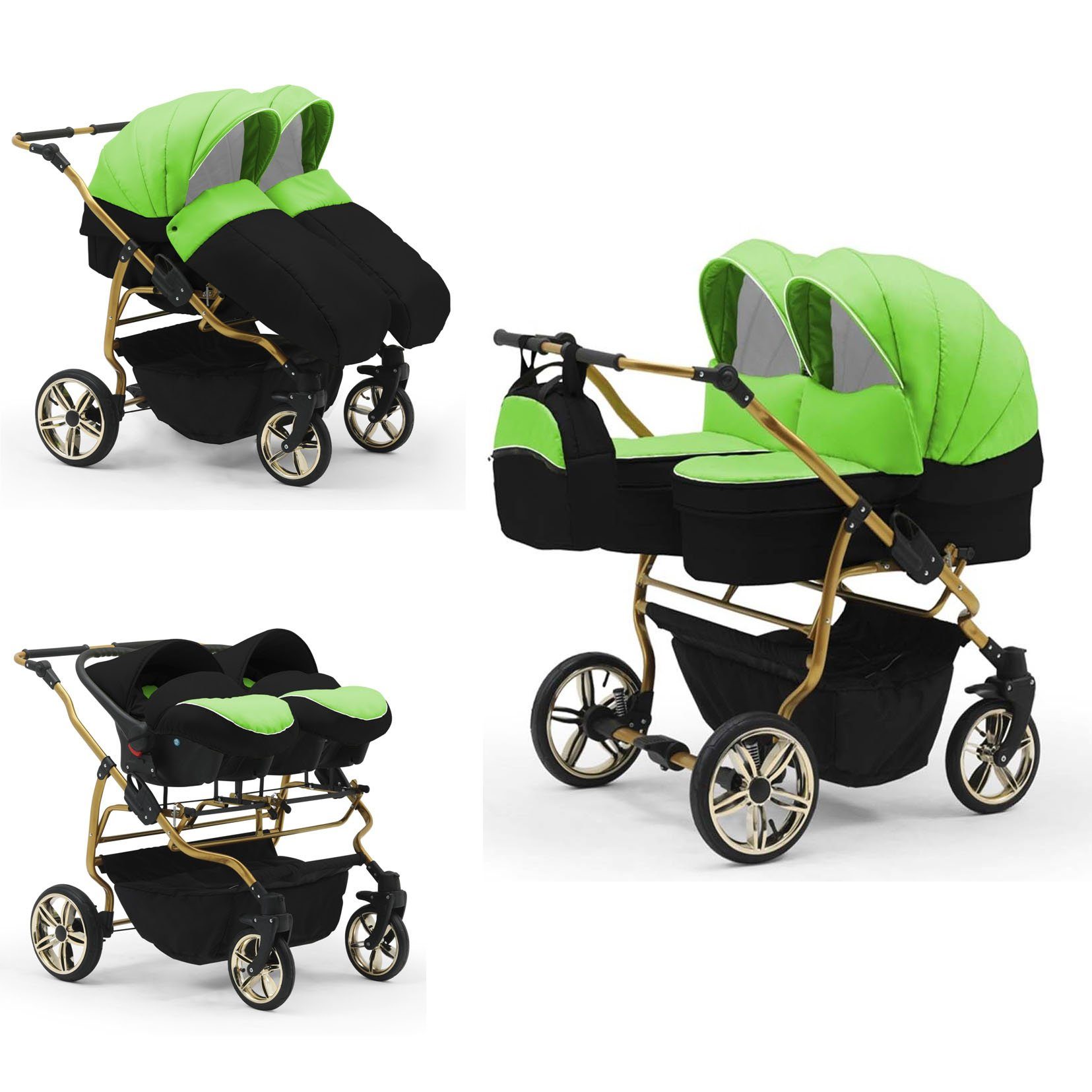 babies-on-wheels Zwillingswagen Duet Lux Gold 3 in 1 inkl. Autositze - 13 Teile - in 33 Farben Lime-Schwarz