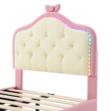 Ulife Polsterbett Kinderbett Einzelbett Wellenform mit Zugpunkt am Kopfende des Bettes, 90x200cm, wechselnden LED-Streifen