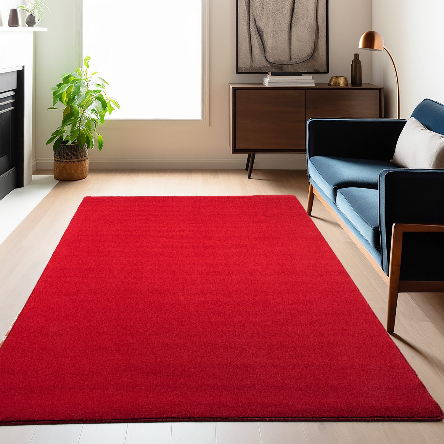 Höhe: Carpetsale24, Waschbar Rückseite Anti-Rutsch Teppich Veloursteppich Rund Unicolor Einfarbig, Kurzflor Rot Läufer, - Flauschiger mm, 7