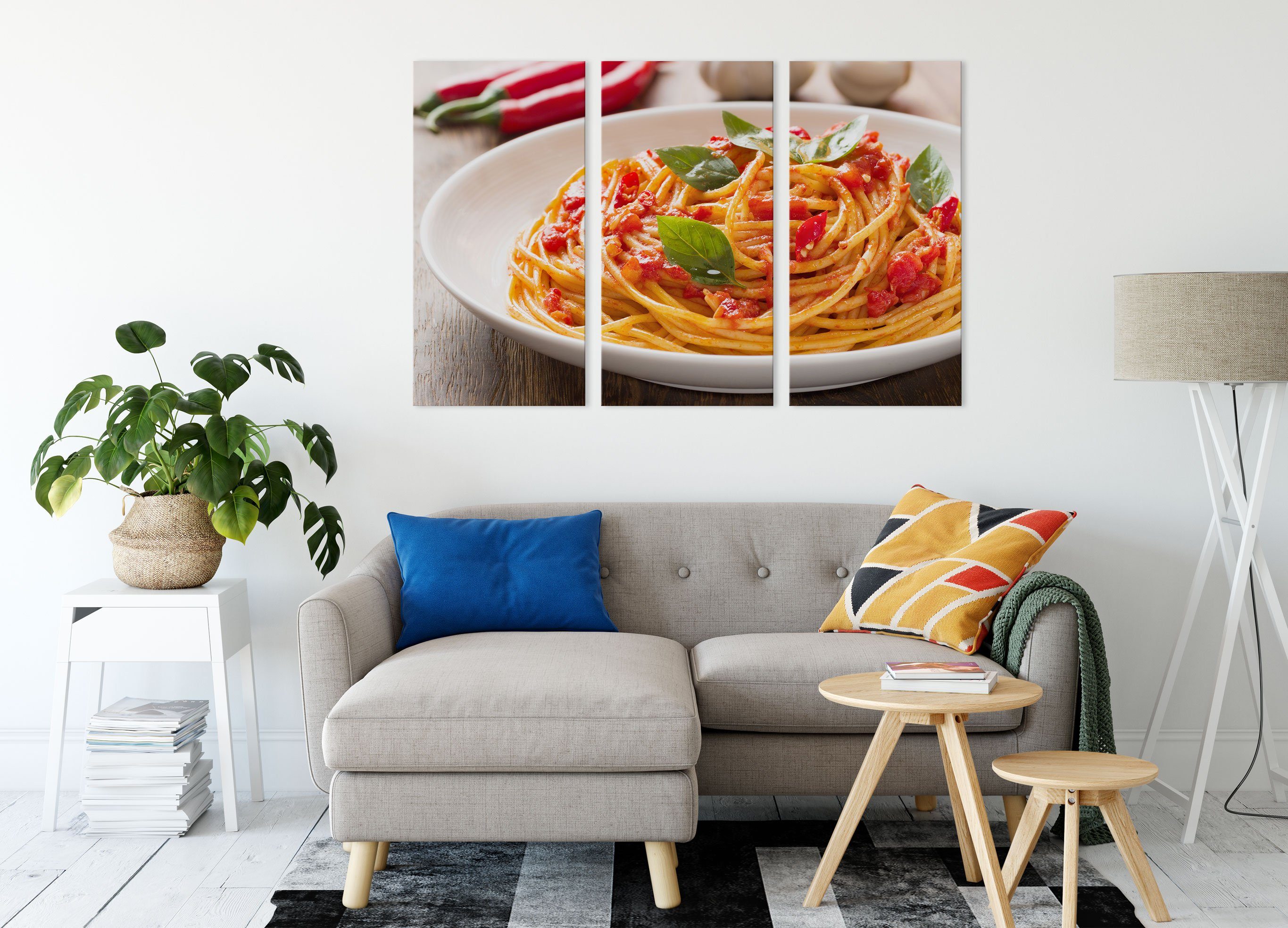 Pixxprint italienische Leinwandbild Spaghetti 3Teiler bespannt, Spaghetti, inkl. fertig (1 Rustikale Rustikale italienische (120x80cm) St), Zackenaufhänger Leinwandbild