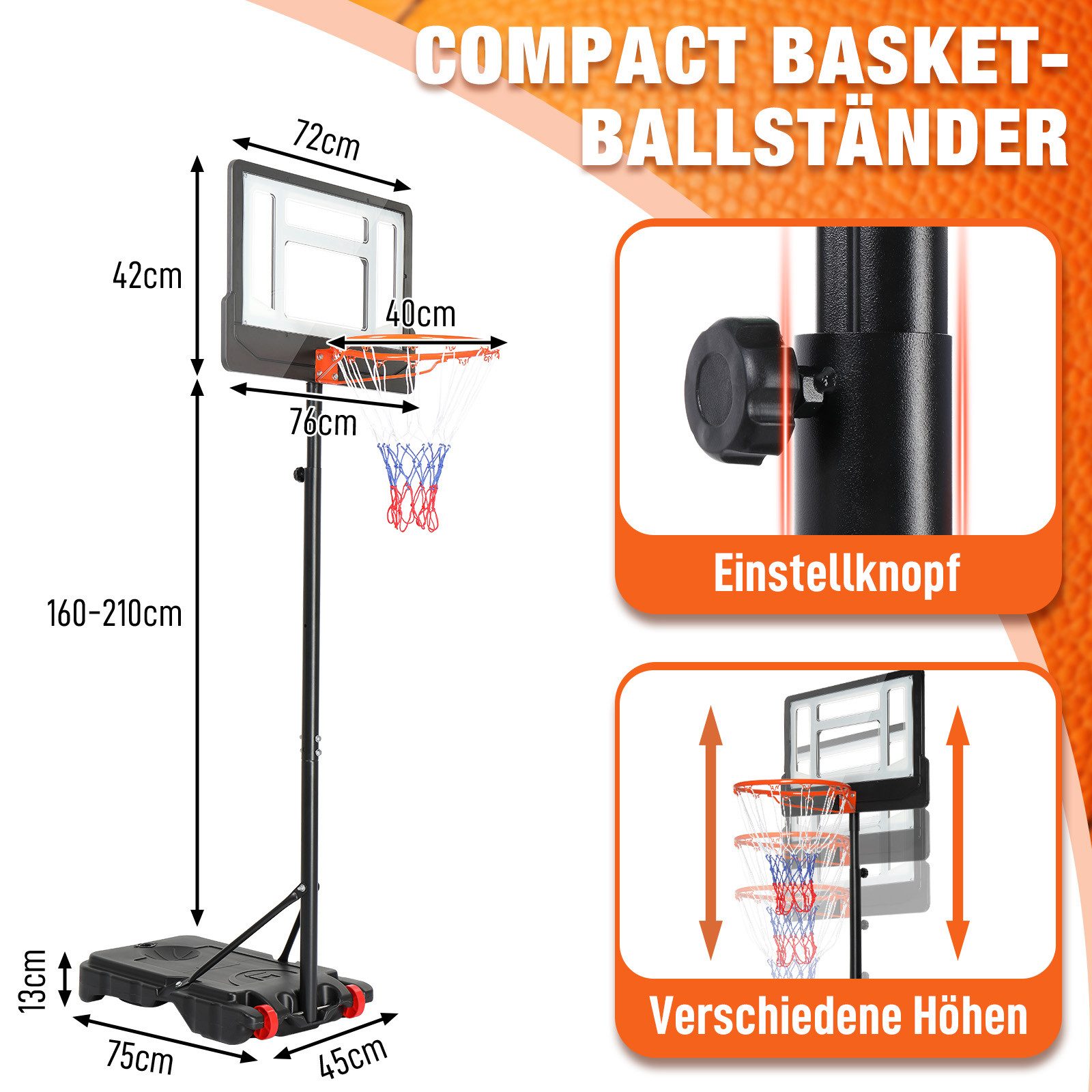 LALAHO Basketballkorb Basketballständer 165-210cm höhenverstellbar, mit Rädern & Ständer, Tragbare Basketballanlage,für Innen- und Außenbereich