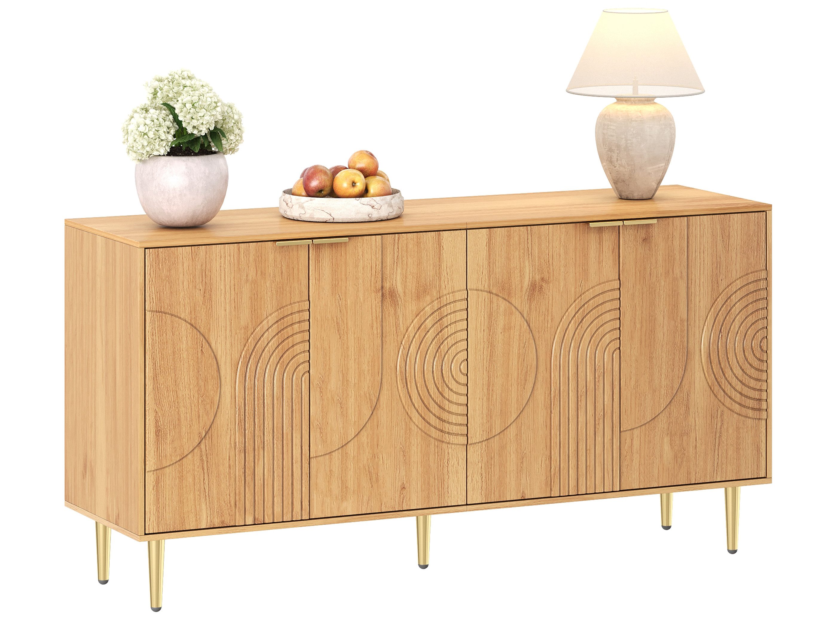 SeedWave Sideboard Kommode in Holzoptik mit Stauraum, 4 Türen mit Relief-Frontblenden, Höhenverstellbare Einlegeböden, goldene Metallakzente