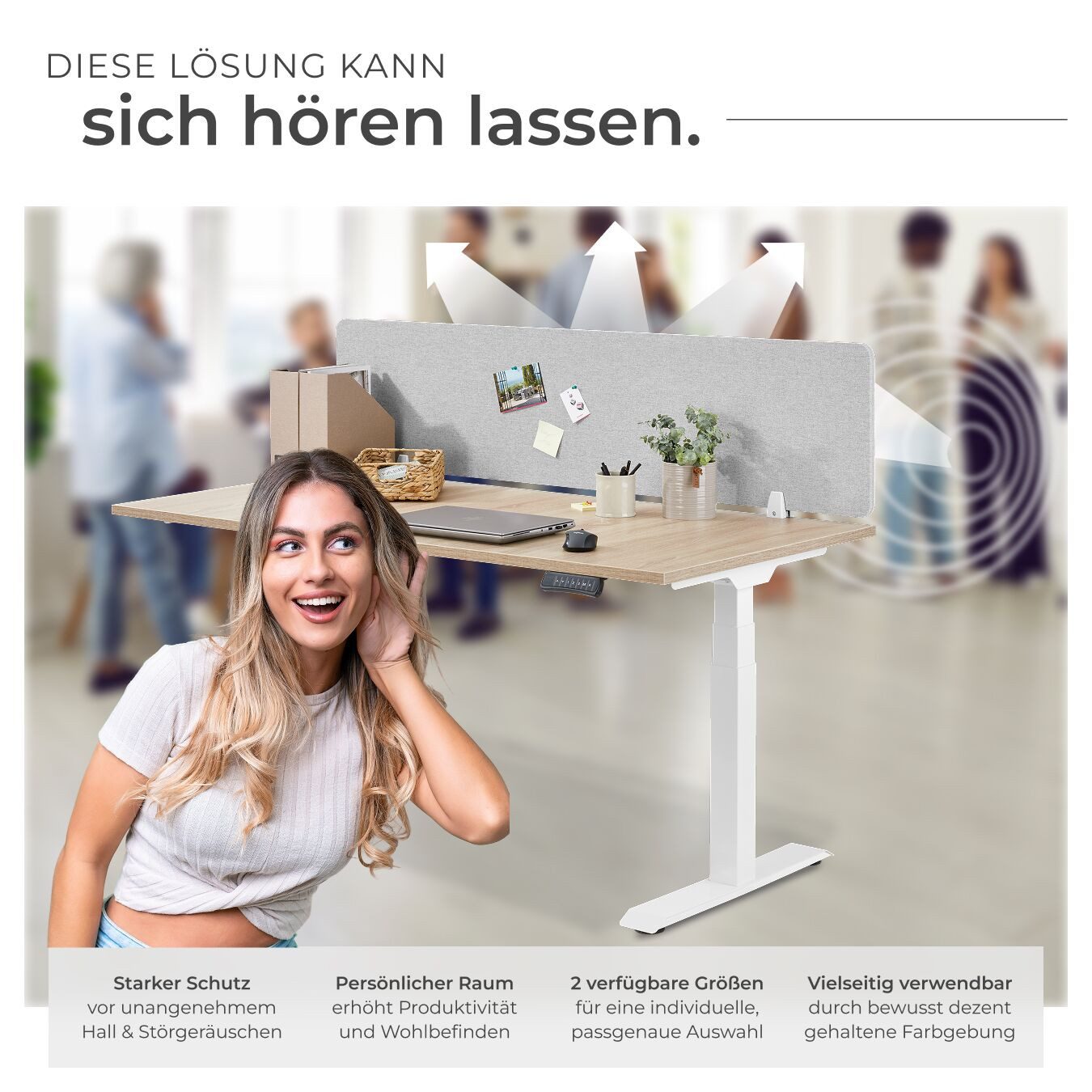 tectake Raumteiler Schreibtisch-Trennwand in 2 Größen, inkl. 2 Befestigungsklemmen, Akustikwand Noisy, PET-Kern schallabsorbierend, Polyesterbezug, pflegeleicht – Bild 3 von 5