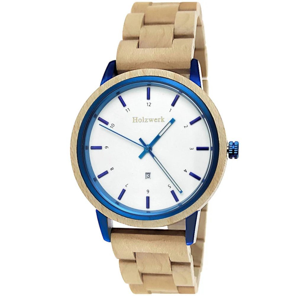 mit & Holzwerk Herren beige, blau Quarzuhr Uhr Datum, Damen weiß Holz & HEIDENAU Armband