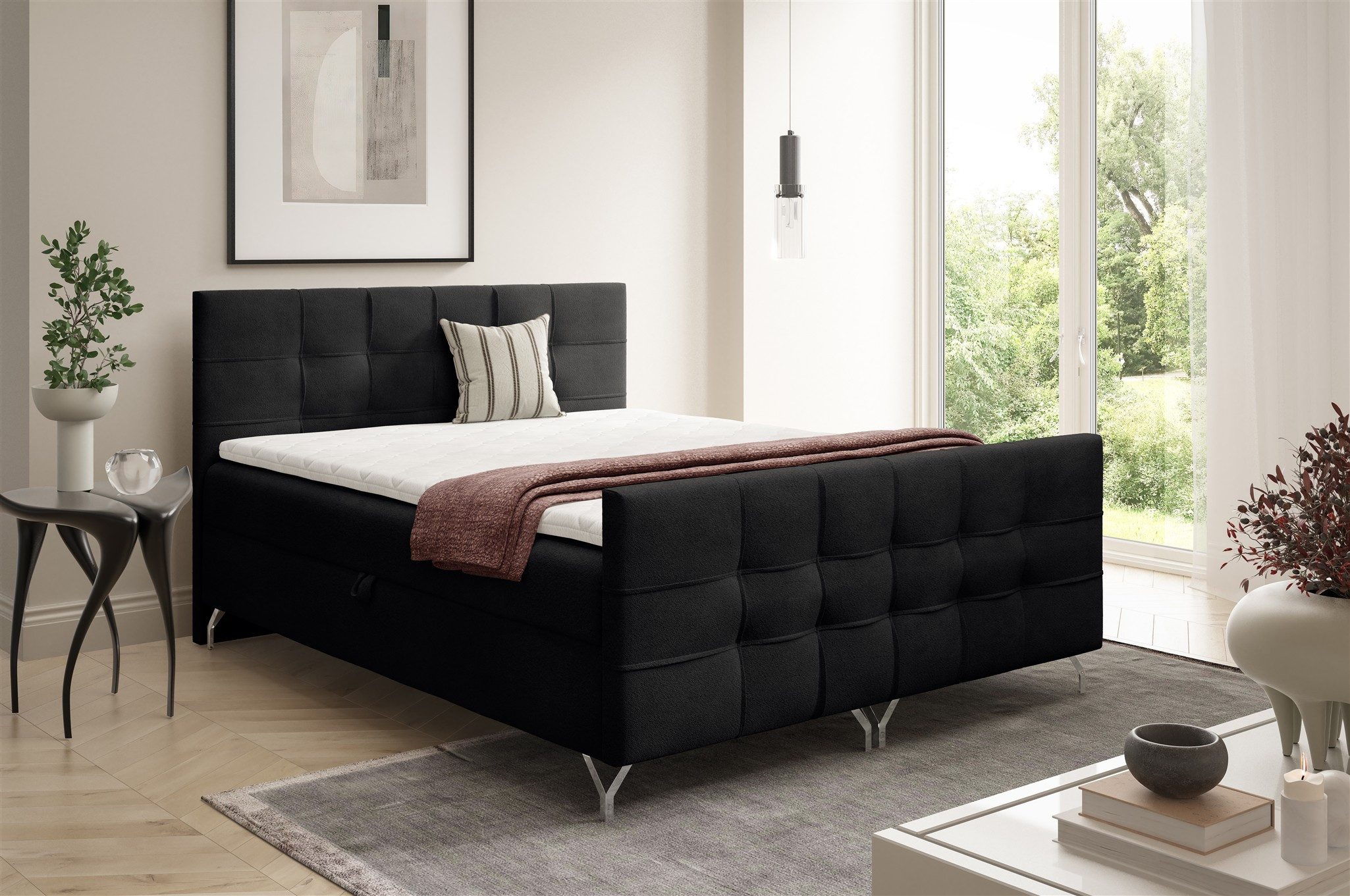 Fun Möbel Boxbett Bett Schlafzimmerbett PERLA Überlänge in Strukturstoff Coral (inkl. Topper, mit Bonellfederkernmatratzen), inkl. 2 x Bettkasten