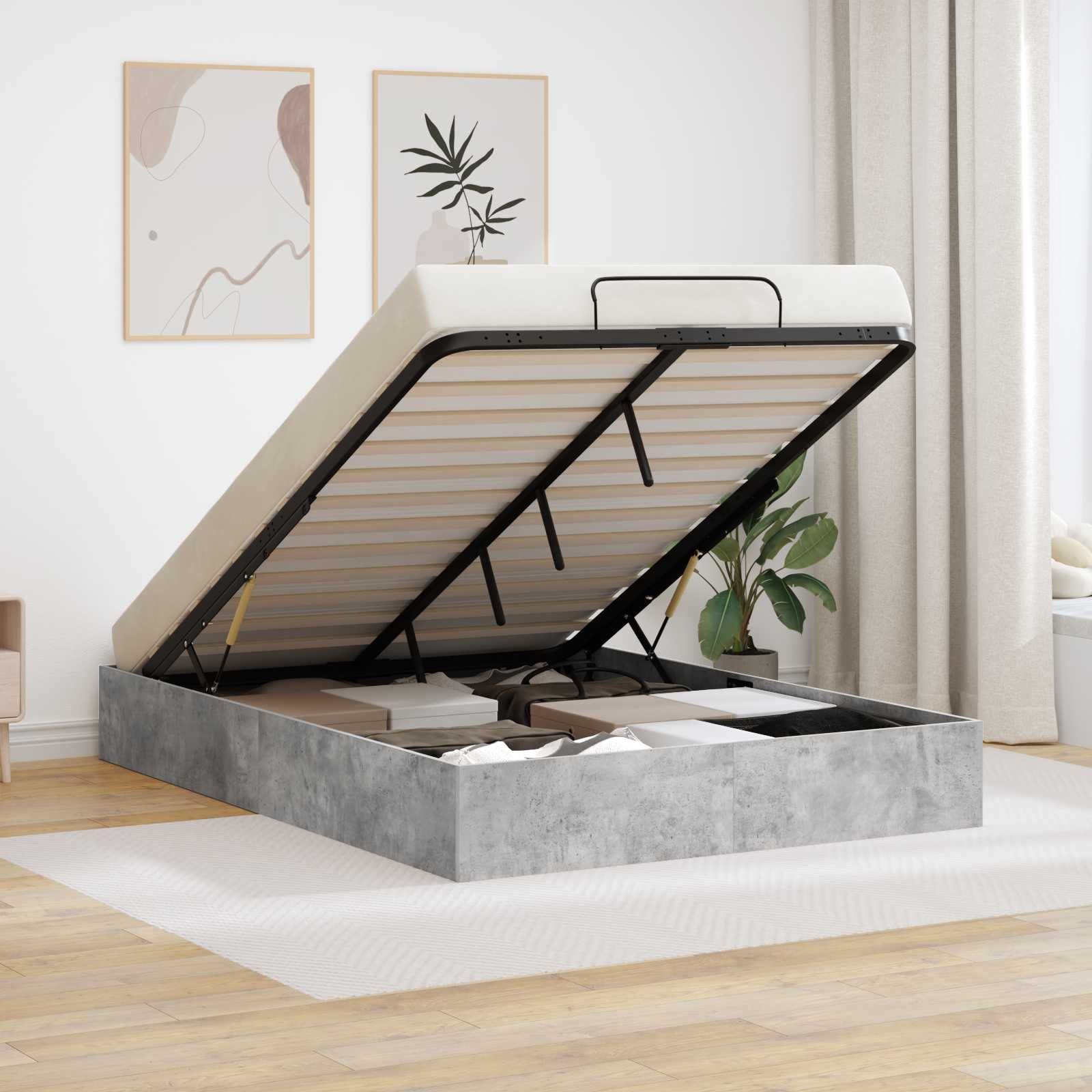 furnicato Stauraumbett Ottoman Bettgestell 150 x 200 cm Betongrau (1-tlg), Gaslift-System mit Stauraum Bettrahmen für dein Schlafzimmer