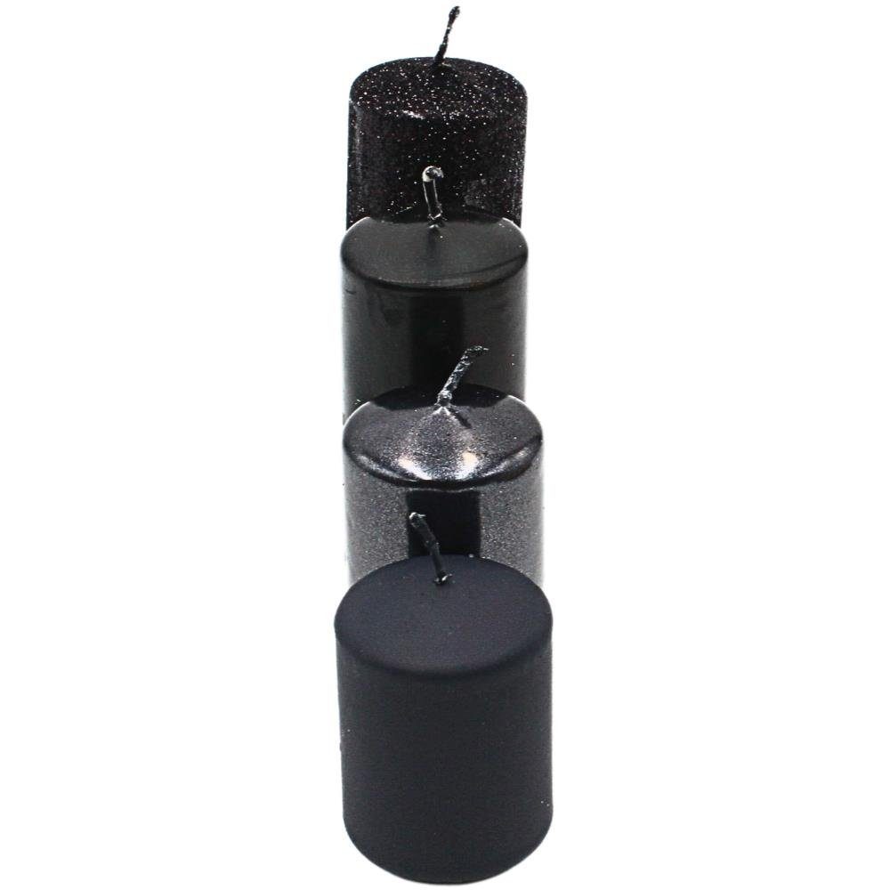 Dekohelden24 Adventskerze Gestufte Stumpenkerzen, Adventskerzen, Adventskranzkerzen, in Schwarz, 4 verschiedenen Farben und Größen - H 5 -10 cm, Ø je 4 cm, 280 gr
