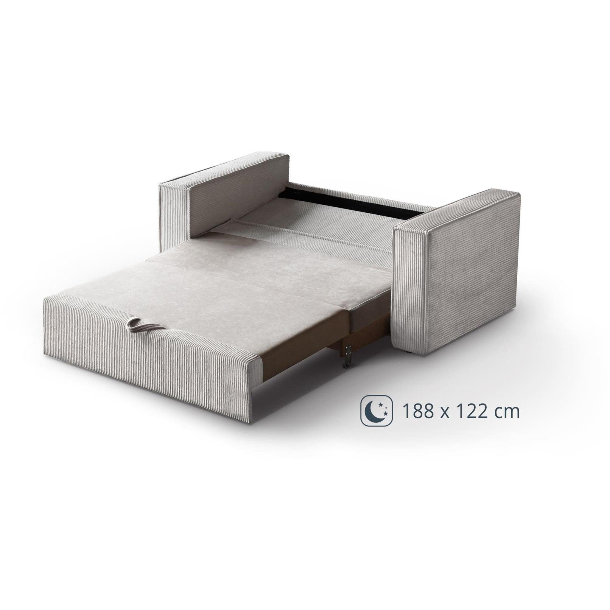 157 Liegefläche cm mit (poso II, 122 cm, 34) Beautysofa Bettkasten, für Wohnzimmer, modernes Loungesofa Cordstoff 188 Relaxfunktion, x Sofa Doppelsofa Dave Schlafsofa Dunkelgrau aus