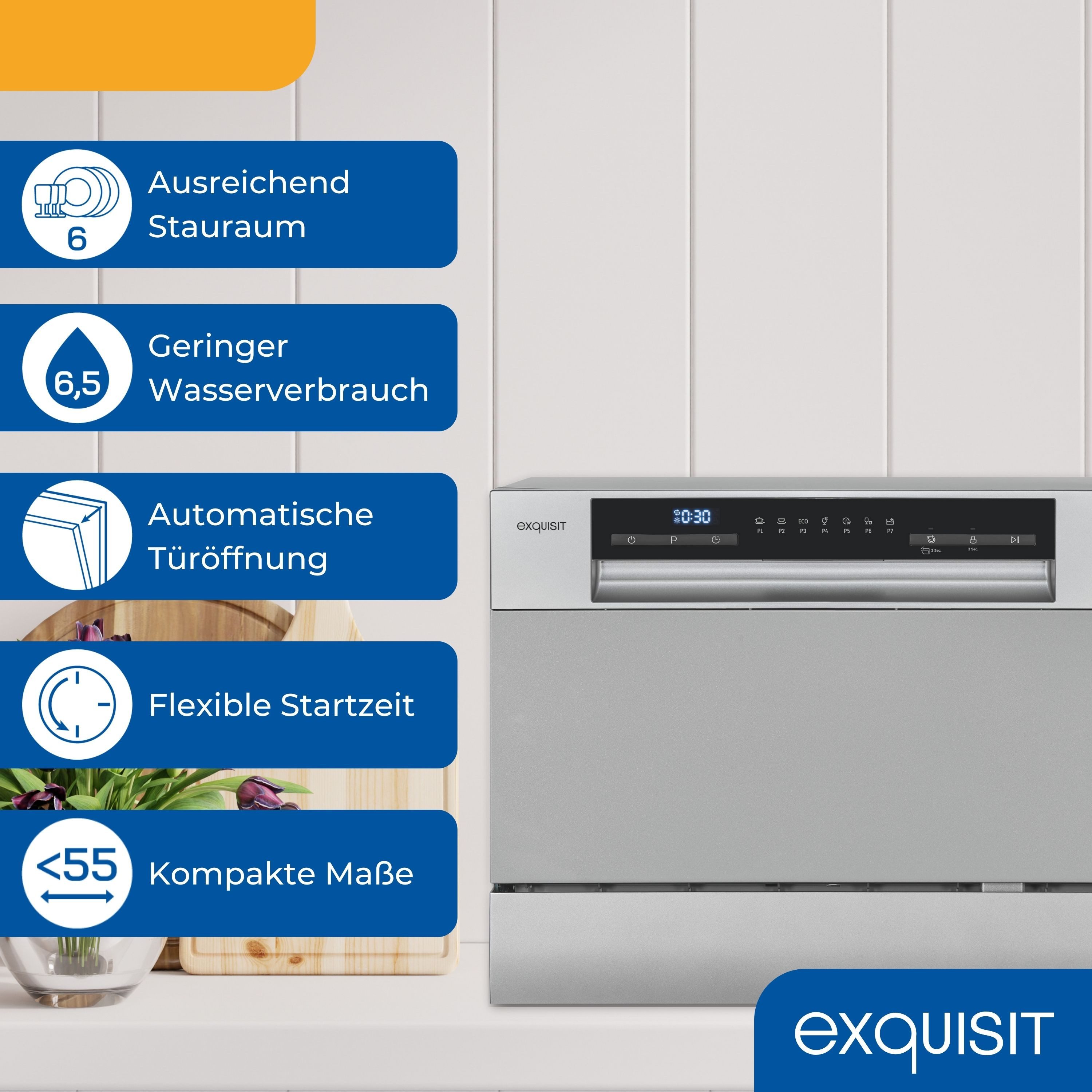 exquisit Tischgeschirrspüler GSP5206-030D, 6.5 l, 6 Maßgedecke, 6 Maßgedecke, 6,5 Liter, Auto-Door-Open, Startzeitvorwahl, LED-Display