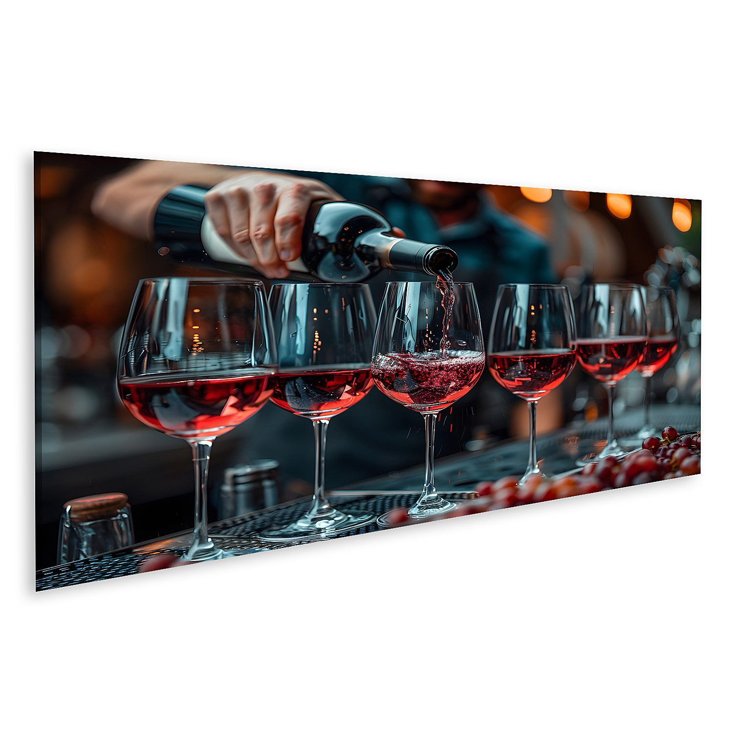 Leinwandbild Eine Person füllt eine Reihe Weingläser mit edlem Rotwein auf dem Wand